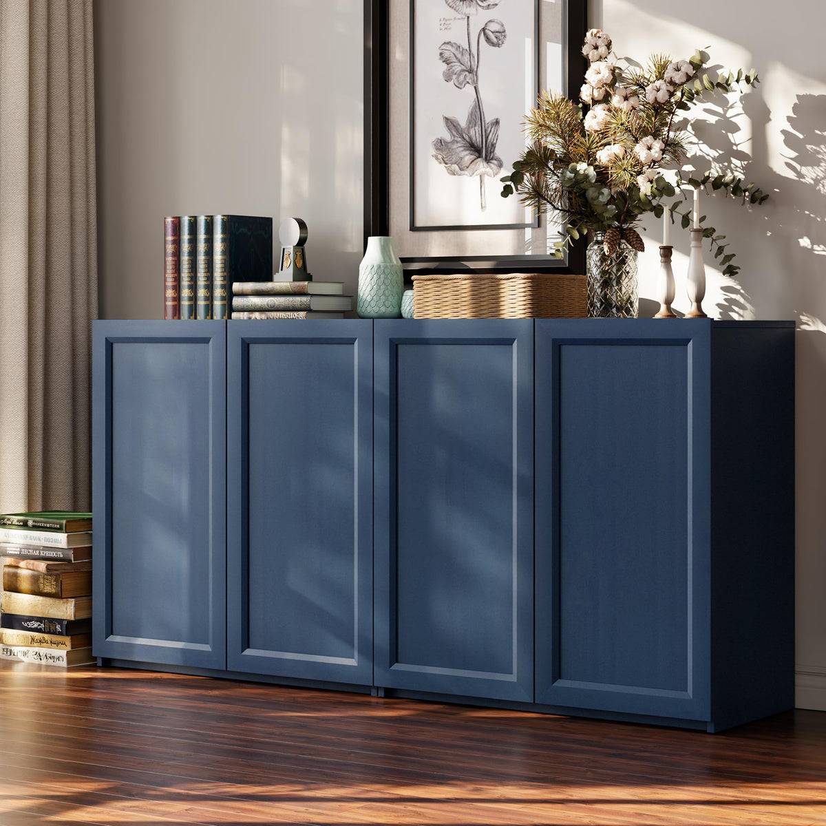 FENSULN Modern Sideboard Accent 2 in 1 Buffet Storage Cabinet Display Buffet Cabinet Credenza with Adjustable Shelves for Dinging Room Living Room Entryway Coffee Bar,Blue