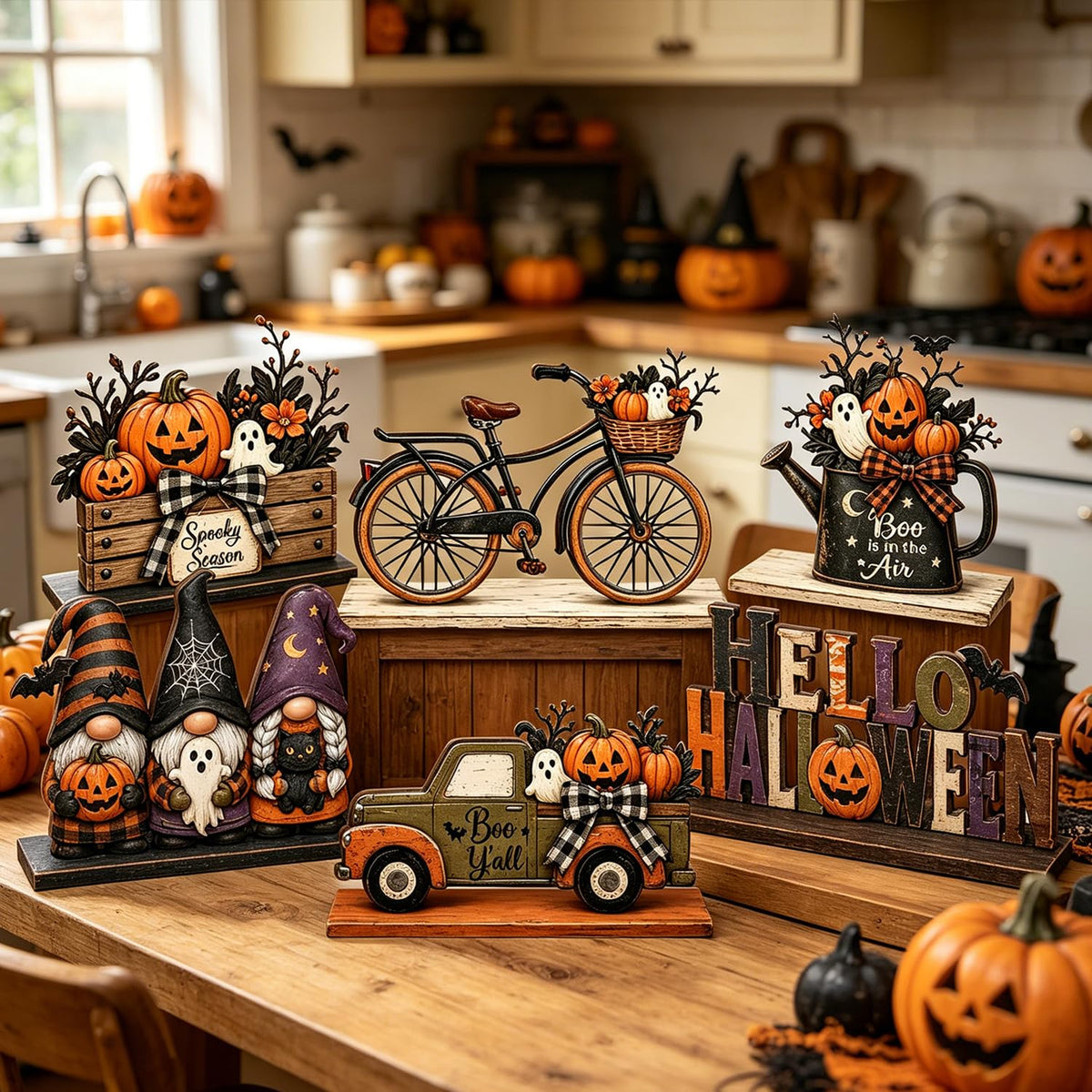 6 Pieces Halloween Decor Hello Halloween Table Topper Signs Spooky Pumpkin Ghost Gnome Truck Tiered Tray Centerpiece Farmhouse Halloween Wooden Tabletop Decorations for Indoor Home Kitchen Party