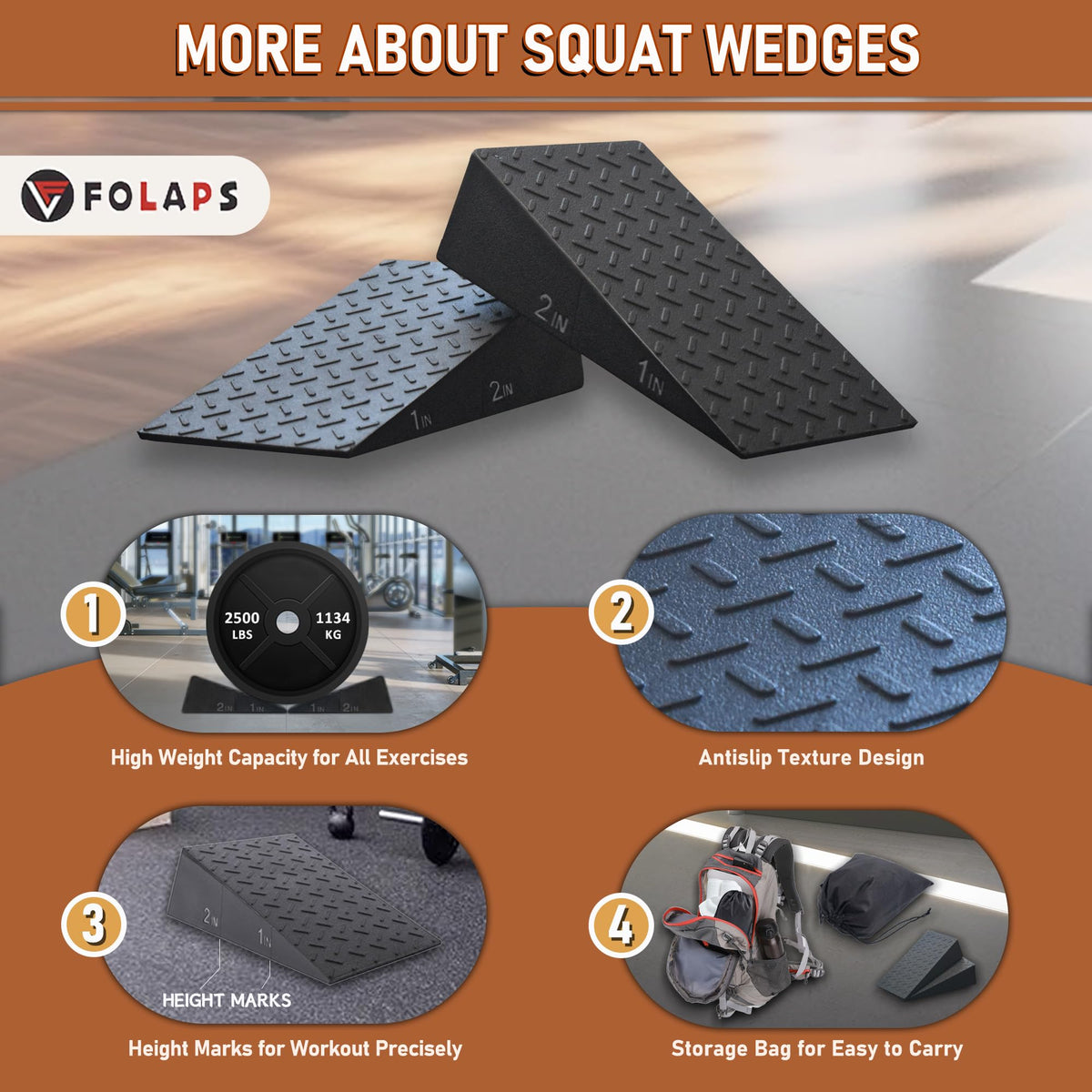 Folaps Squat Wedge Block with Guide for Heel Elevated Squat Weightlifting Slant Board for Squats with Carry Bag to Improve Mobility Balance and Strength