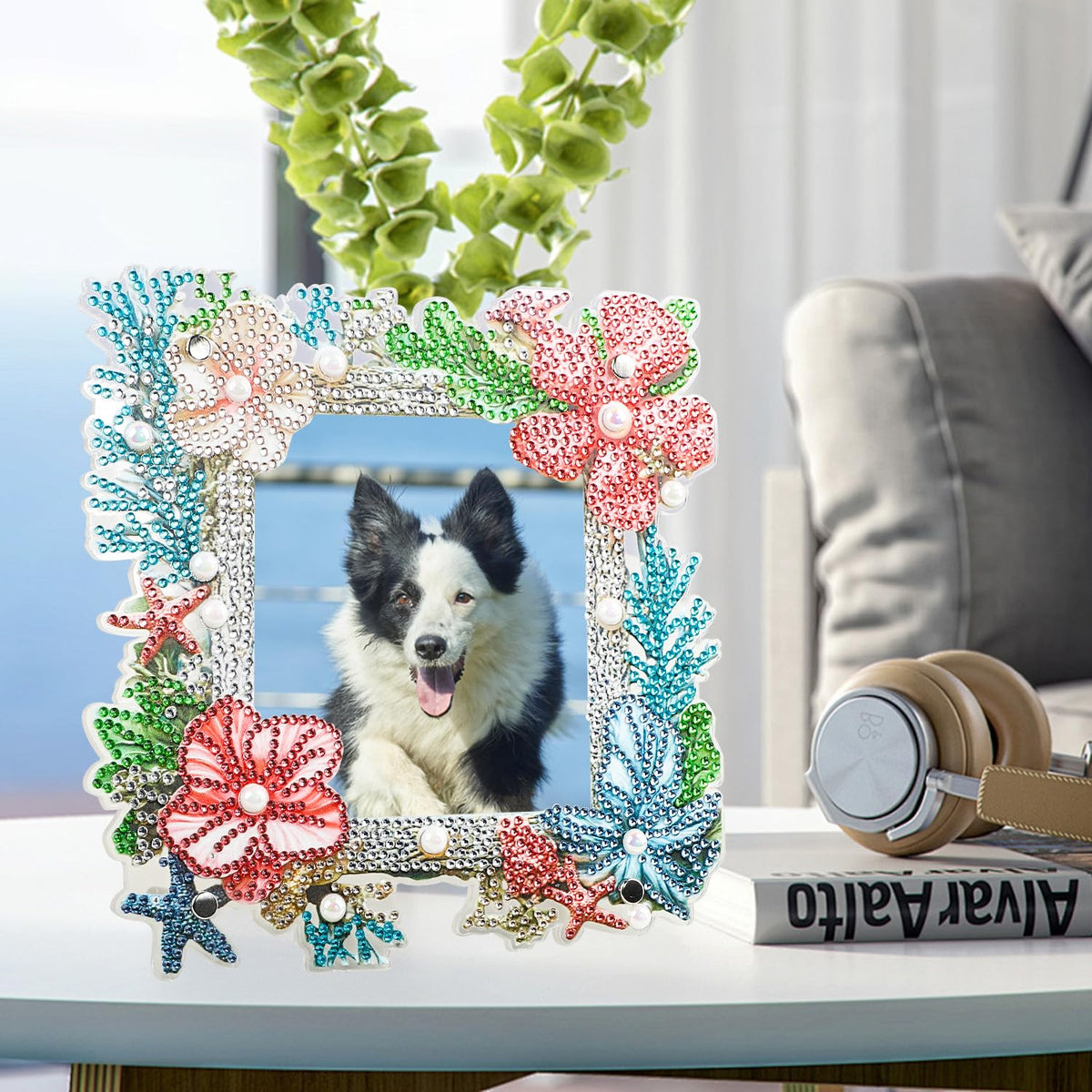 AIRDEA 5D Diamond Art Painting Desktop Photo Frame Ornament,Special Shape Diamond Painting Frame Kits for Adults,8x8in/20x20cm,Corals Starfish