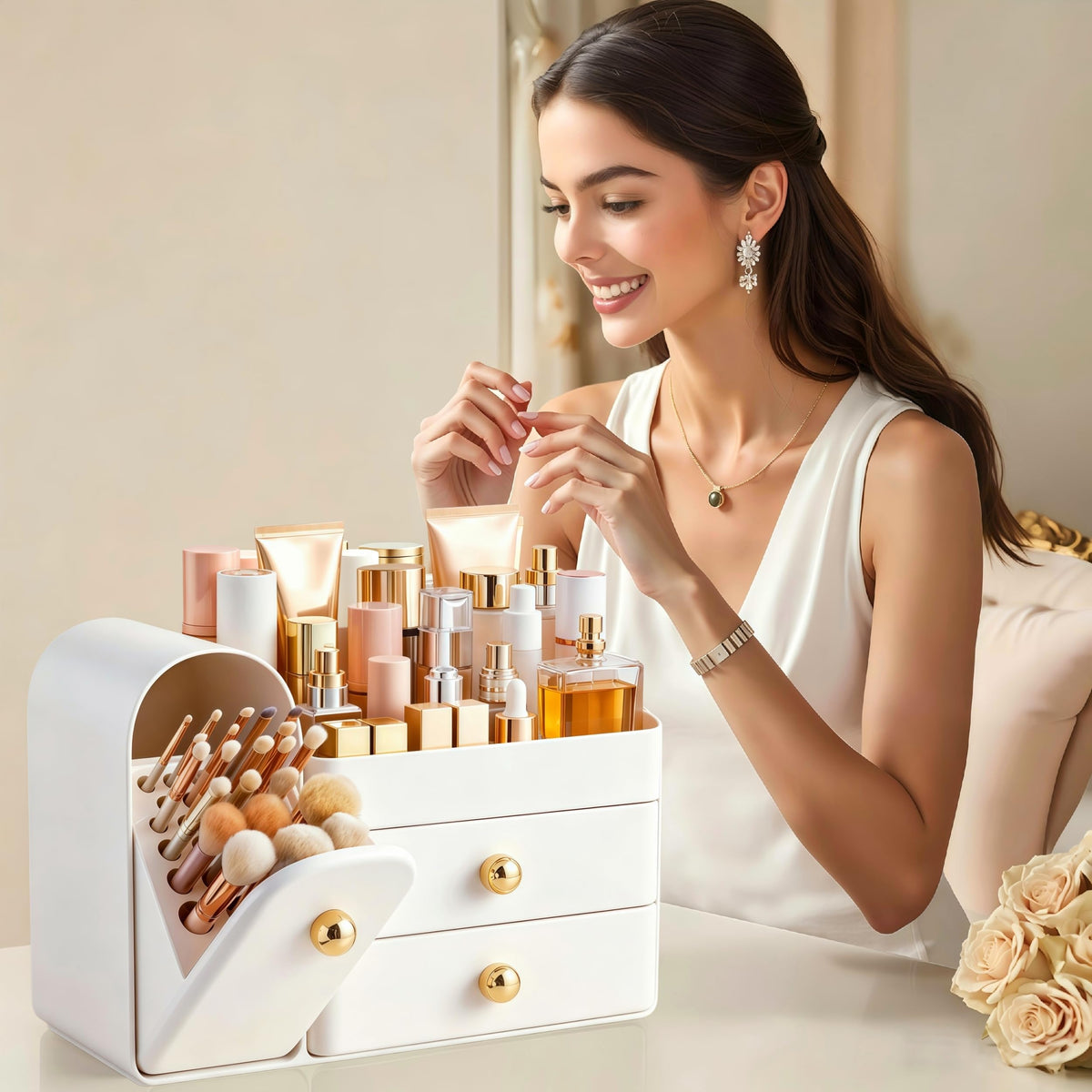 HBlife Makeup Organizer Countertop with Drawers, Vanity Organizers with Brush Holder, Bathroom Counter Organizer for Perfume, Nail Polishes, Lipsticks, Skincare and Eyeshadow Palettes, White