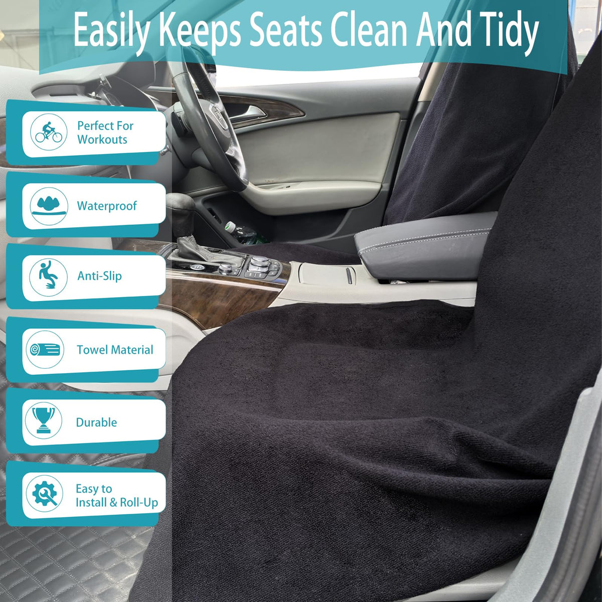 Car Seat Covers Universal Car Protective Front Seat Covers Washable Non-Slip Seat Protectors for Gym Workouts,Waterproof and Sweatproof Towel Seat Covers for Cars,Trucks, Jeeps (2 Pack Black)