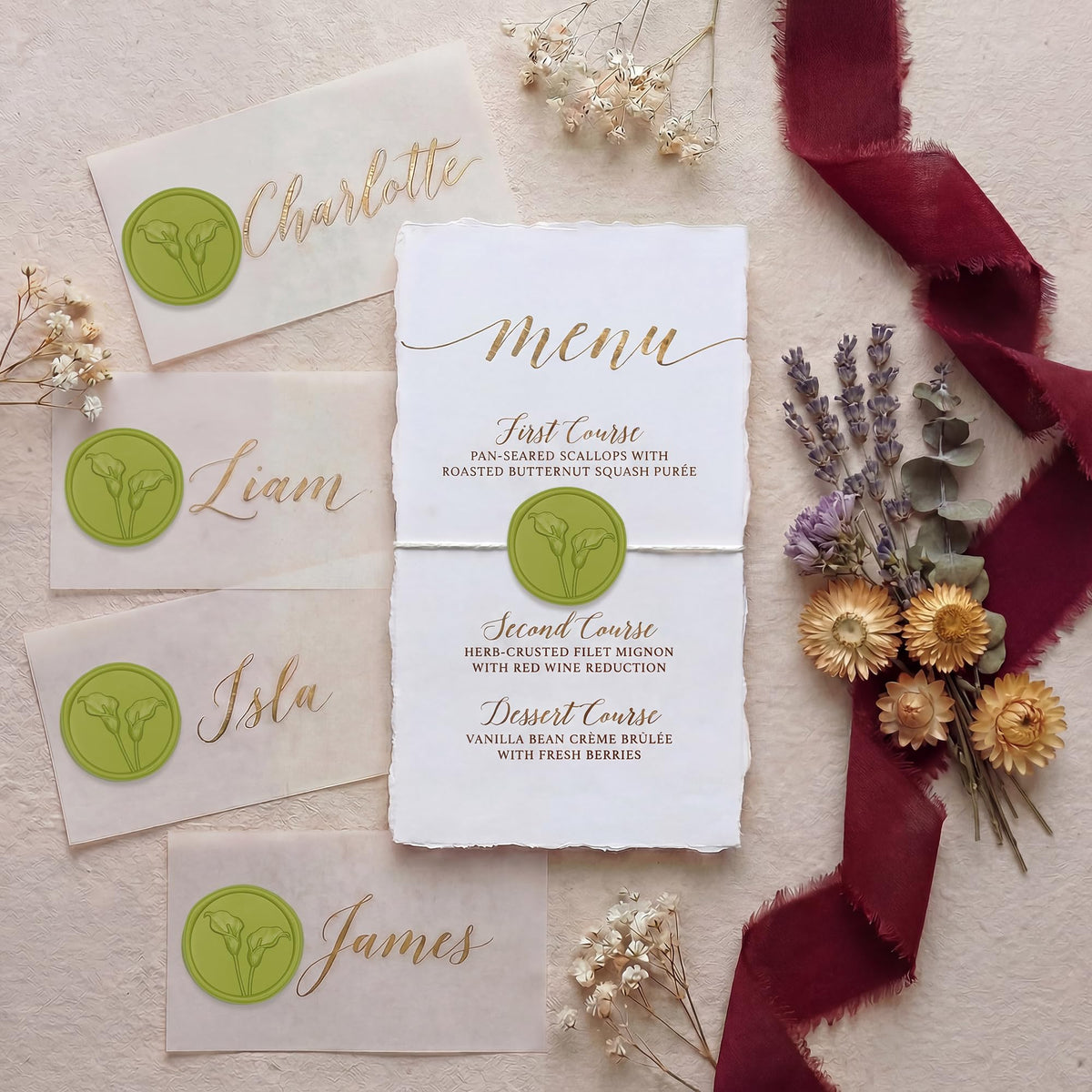 UNIQOOO Wax Seal Stickers - 3D Calla Lily Floral Wedding Invitation Envelope Seal Stickers, 50 Pcs Self- Adhesive Chartreuse Green Flower Wax Seals, Perfect for Bridal Shower, Gift Wrapping