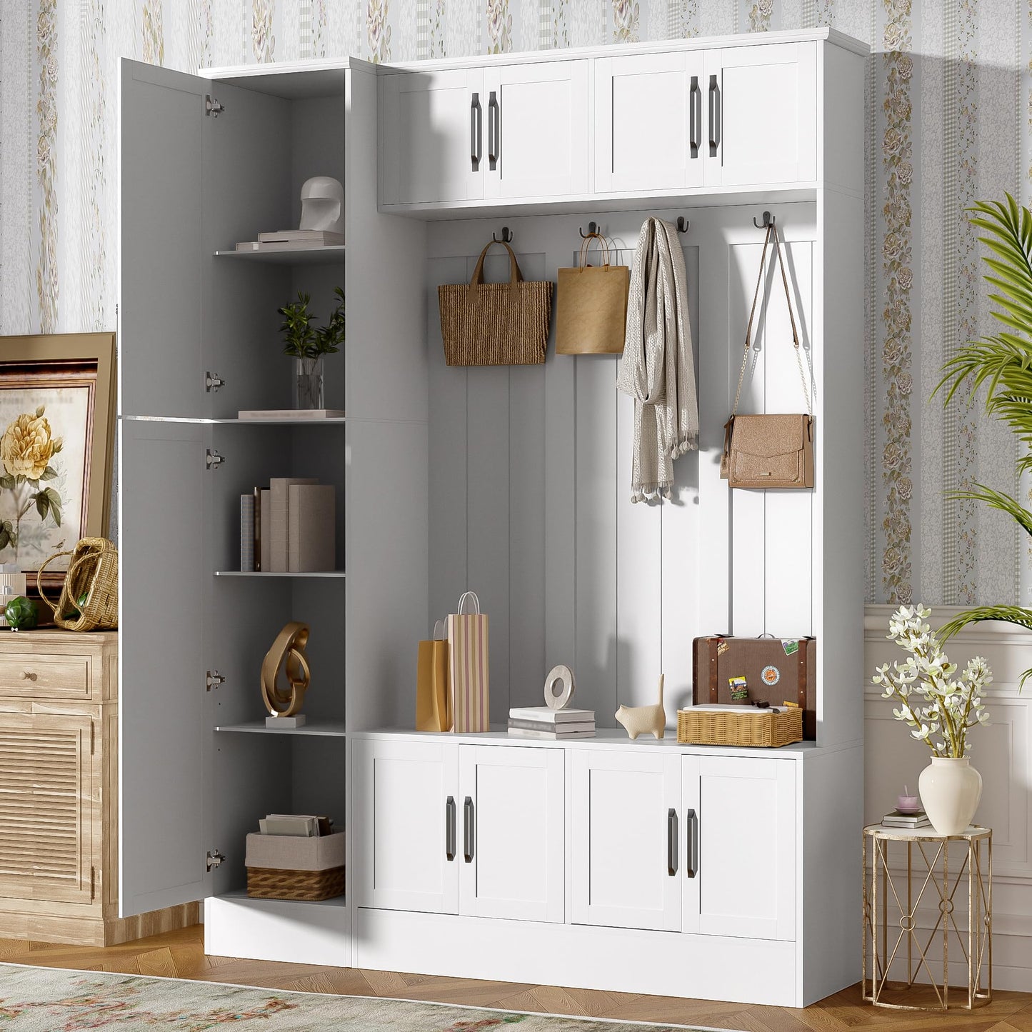 Hall Tree with Bench and Shoe Storage, Entryway Coat Rack with Storage, 4-in-1 Entryway Bench with 6 Cabinets, 4 Coat Hooks & Adjustable Shelf, Mudroom Bench with Storage and Hooks for Hallway, Livin