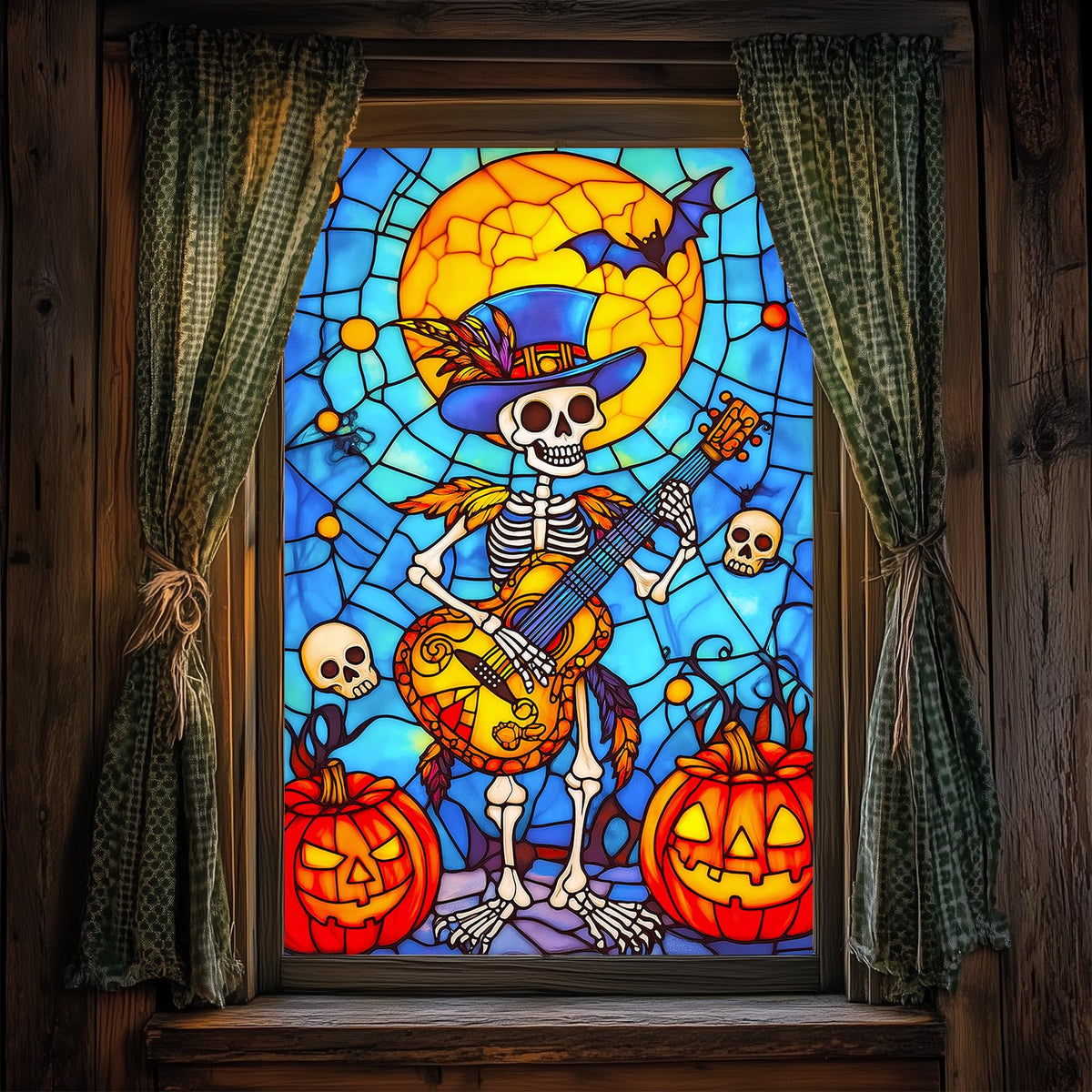 HOMETITUTE Halloween Skeleton Musician Window Film 31x47 Inch Decorative Window Film Pumpkin Guitar Skull Scene Stained Glass Cling for Mirror Door Privacy Decor for Home Party School Office