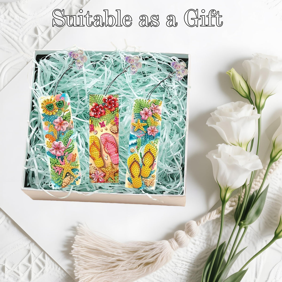 12 Pcs Diamonds Painting Bookmarks Diamond Art Kits for Adults DIY Full Round Gem Crystal Art Bookmarks with Pendant Home Office Supplies for Reading Lovers