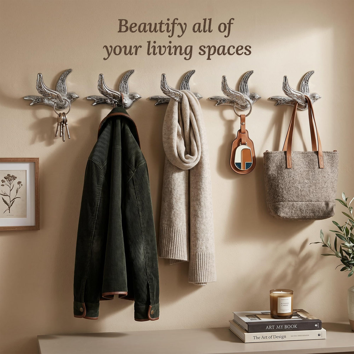 Flying Bird Decorative Wall Hooks (5 Pack) Cast Iron, Silver Coat Hooks, Wall Mounted - Farmhouse Decor, Hooks for Coats, Bags, Hats, Towels, Easy to Install (Antique Silver Hooks)
