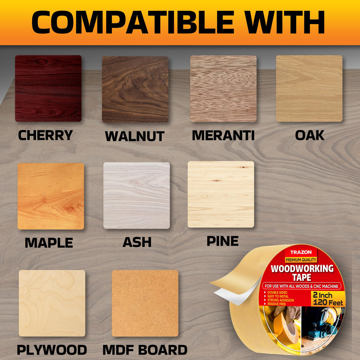 Trazon Double Sided Woodworking Tape Super Strong, 2 Inch x 120 Feet, Wood Crafter Sticky Tool, Two Side Adhesive for Router Templates and CNC Machine, Removable & Residue Free