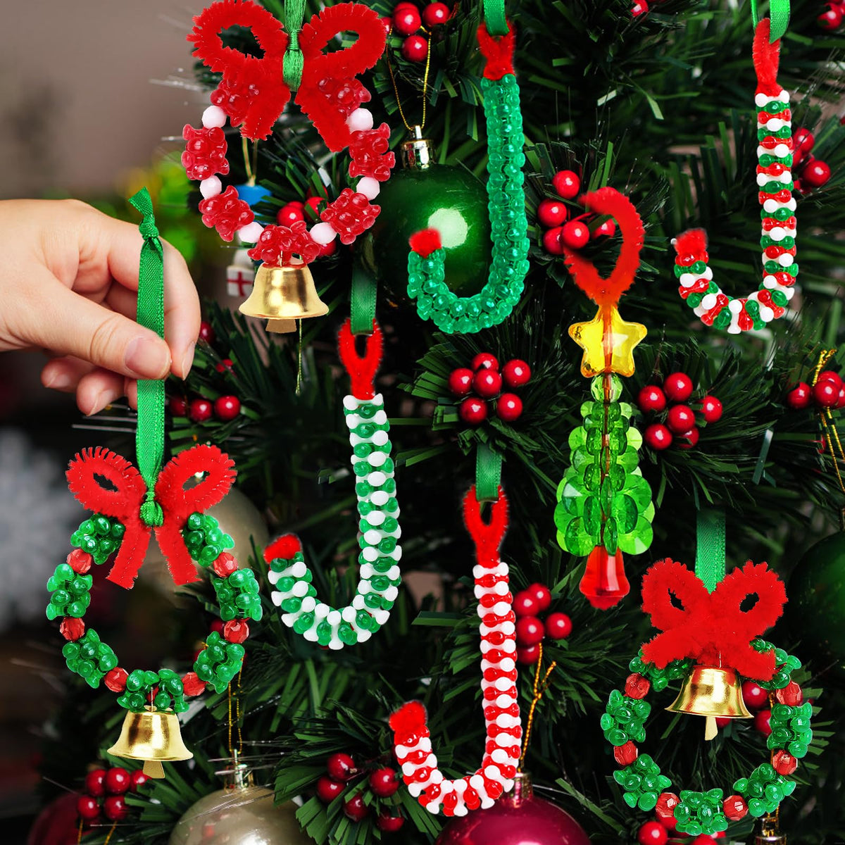 AWHETIE Christmas Crafts for Adults Kids,55 Sets Christmas Beaded Ornament Kit,Including 20 Pcs Wreath with Bell/5 Pcs Tree/30 Pcs Candy Cane,Holiday Tree Decorations Party Supplies