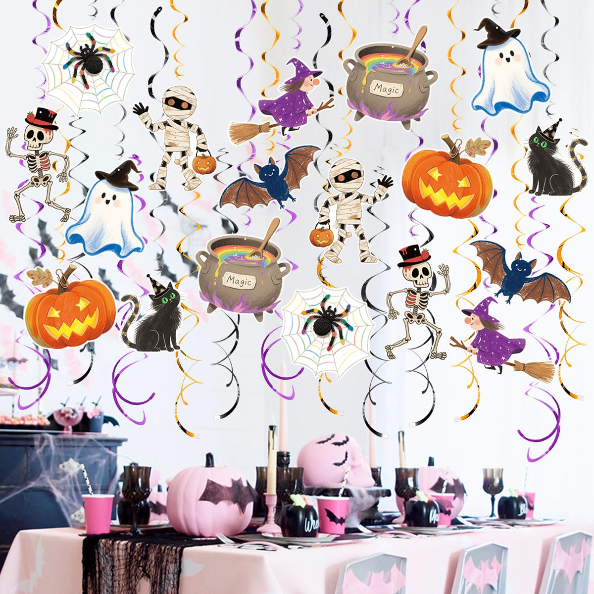 AimtoHome Halloween Hanging Party Decorations, 48 Pcs,Ceiling Decor Indoor Swirl Witches Cauldron Ghost Pumpkin Skull Cat Witch Party Supplies Sign,Black Purple Orange