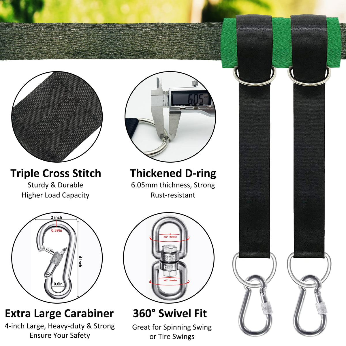 igolfluck Tree Swing Straps Hanging Kit 4FT/8FT/15FT/20FT/25FT, Extra Long Tree Swing Straps Holds 5500 lbs with Lock Carabiners & Tree Protectors, Safer for All Swing & Hammock (15FT)