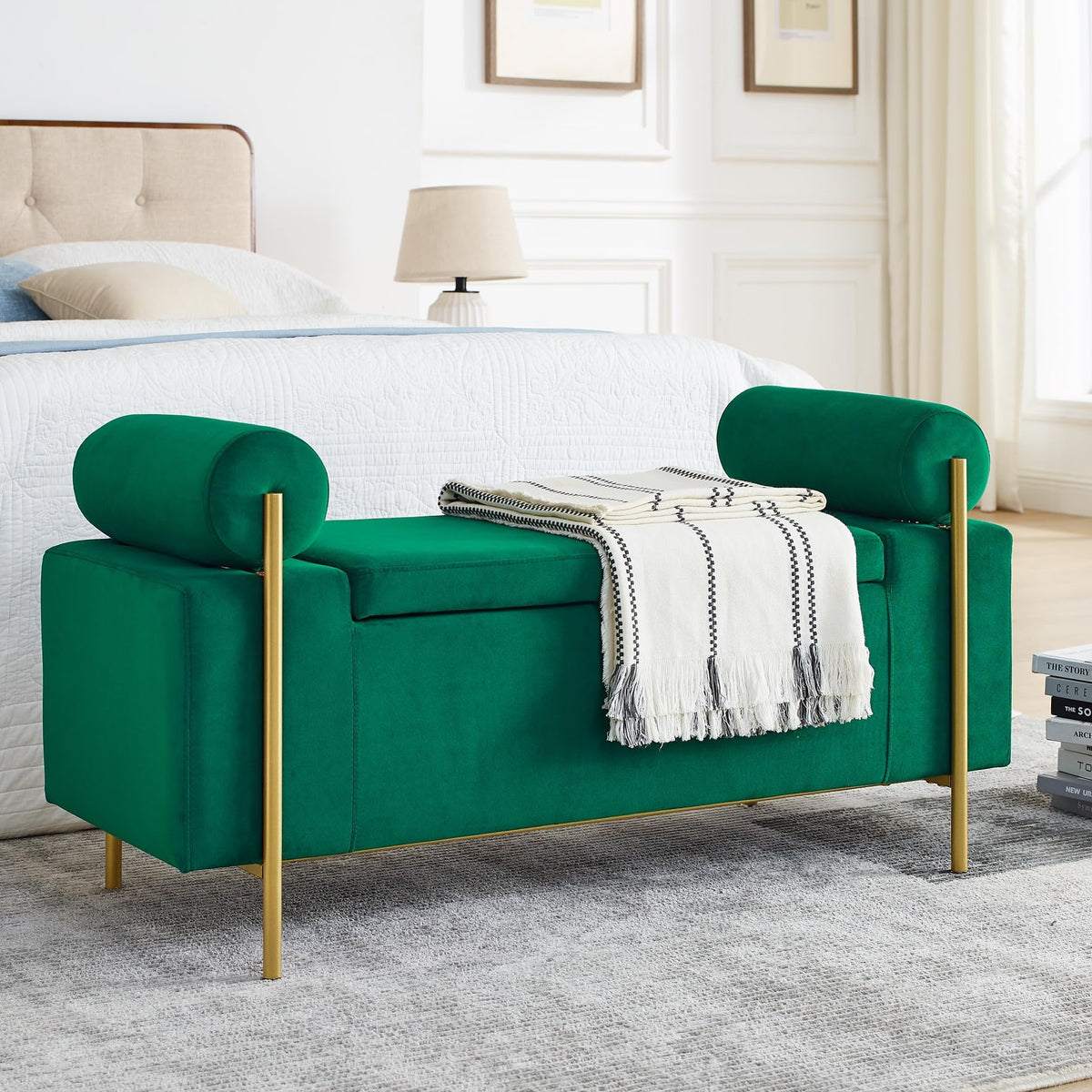 KEIKI Linen Ottoman Bench with Storage & Cylindrical Armrest, Upholstered Seating Foot Rest Stool Furniture for Bedroom, Living Room, Entryway, Green