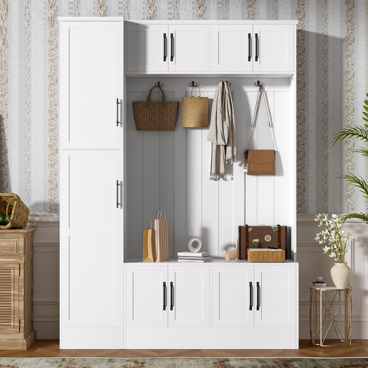 Hall Tree with Bench and Shoe Storage, Entryway Coat Rack with Storage, 4-in-1 Entryway Bench with 6 Cabinets, 4 Coat Hooks & Adjustable Shelf, Mudroom Bench with Storage and Hooks for Hallway, Livin