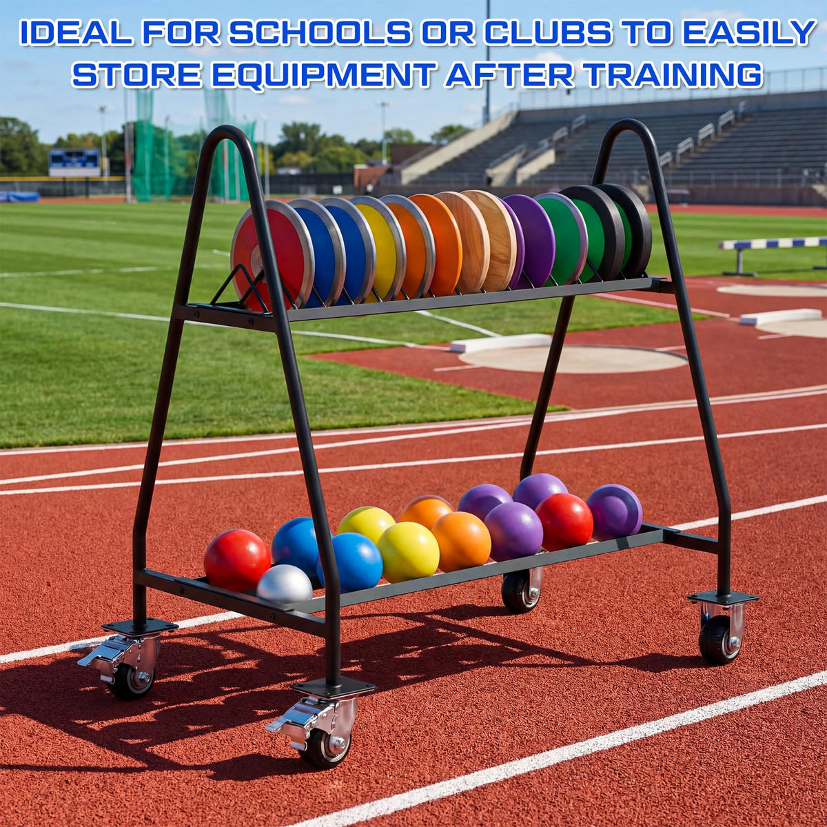 Silipull Mobile Shot Put Discus Storage Rack Cart Heavy Duty Athletic Throwing Equipment Trolley with 4 Wheels, Holds 15 Discus & 20 Shot Put for Gym, School PE and Track & Field Gear Organizer