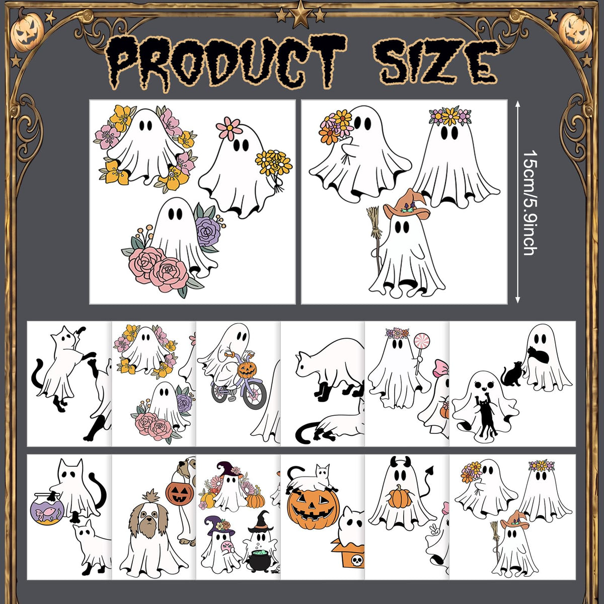 Harloon 15 Sheets Halloween Classical Ghost Rub on Transfers for Crafts Furniture Wood Ornaments Ghost and Cat Dog Stickers Rub on Decals for Halloween Scrapbook DIY Wood Fabric Journal Envelope