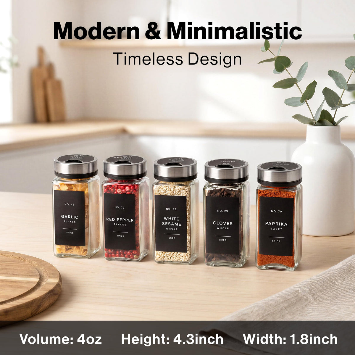 EDELHAUS Glass Spice Jars with Label and Silver Rotating Lids (24 x 4oz) Spice Containers with 240 Labels, Shaker Inserts, Steel Funnel, Empty Square Containers