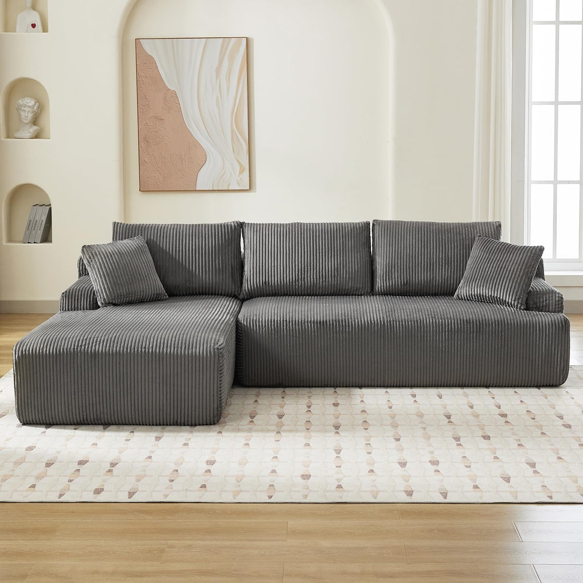GAOMON 106" Modular Sectional Couch with L-Shape Left Chaise, Modern Boneless Couches for Living Room, Corduroy Fabric Loveseat Sofa Sleeper with Deep Seat, No Assembly Required, Dark Grey