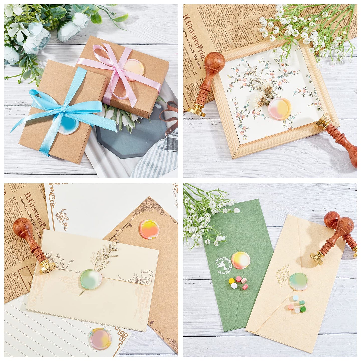 CRASPIRE Wax Seal Stamp Heads Set 6PCS Blank Sealing Wax Stamp Heads with 2PCS Wooden Handle for Wedding Invitations Envelopes Cards(2 Square 2 Round 2 Oval)