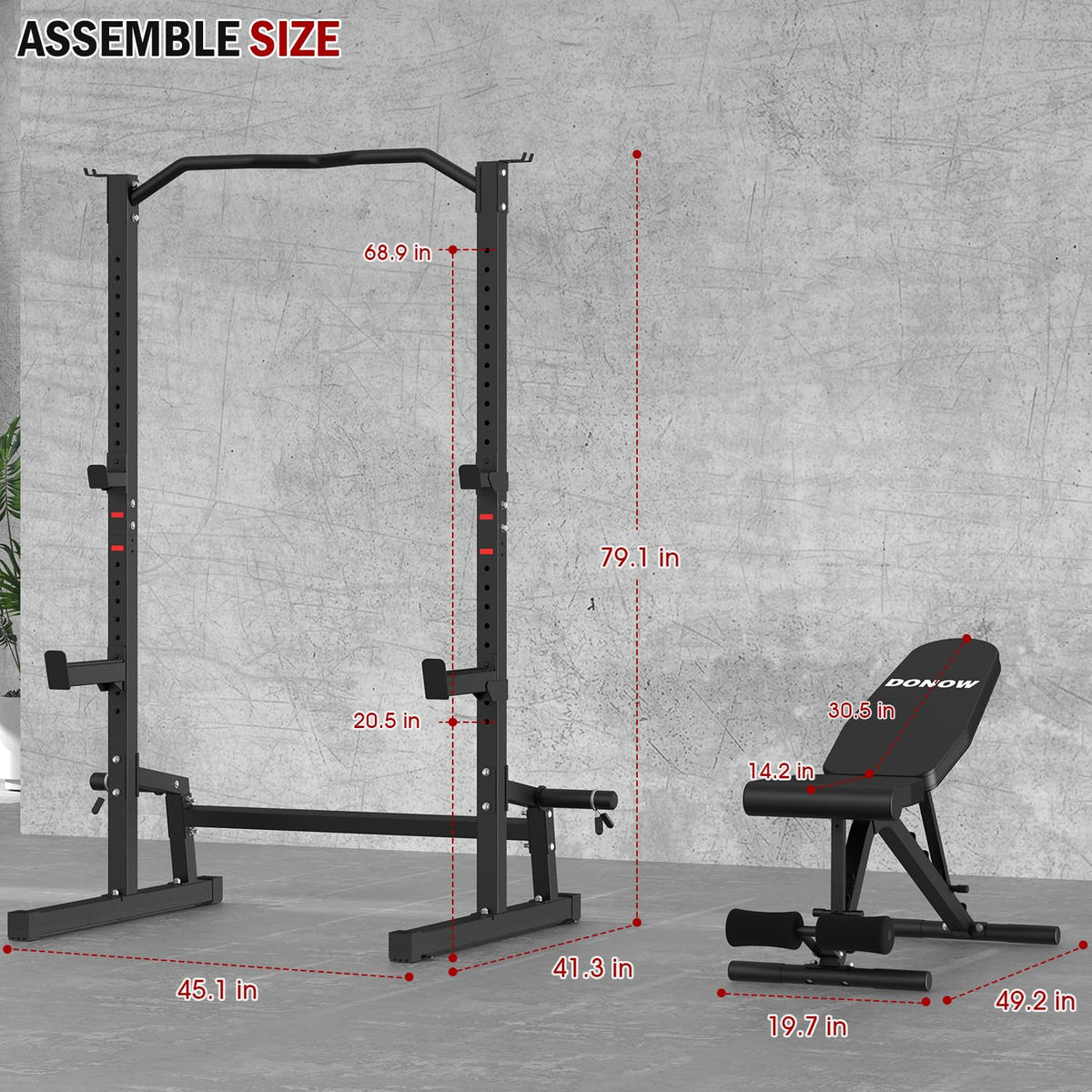 DONOW Olympic Weight Bench with Squat Rack Adjustable Workout Bench with Rack for Bench Press Sthrength Training (Black with Safety Catched)