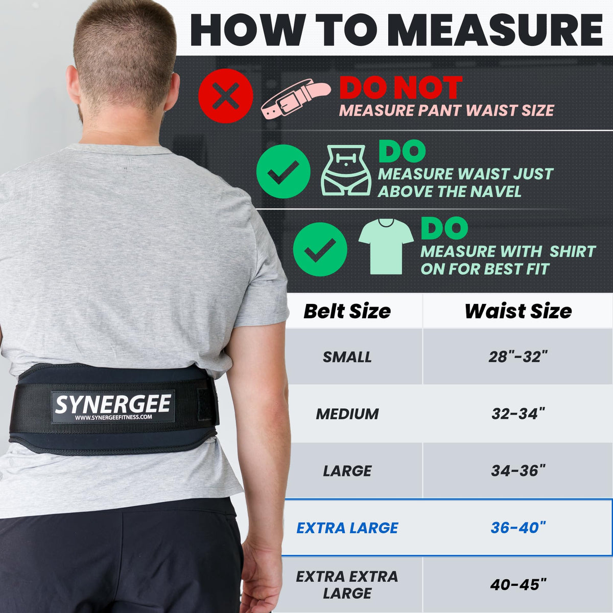 Synergee Weightlifting Belt 5” Padded Support for Squats Deadlifts Powerlifting & Cross Training - X-Large