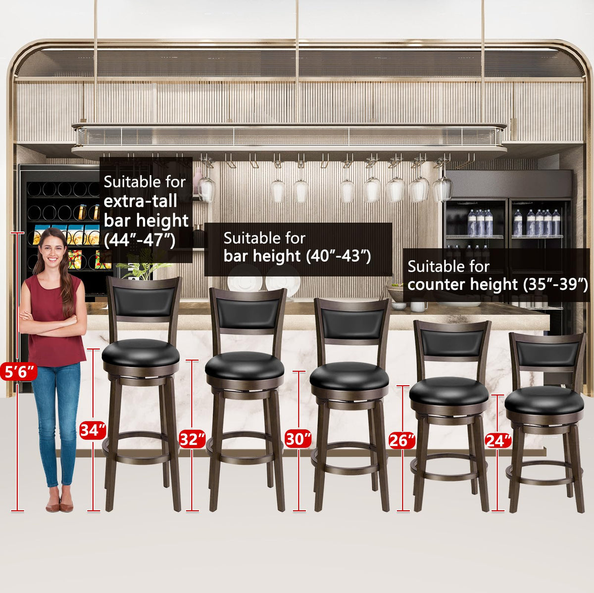 PrimeZone Swivel Bar Stools Set of 4, 24 Inch Counter Height Barstools, Black Faux Leather Bar Stool with High Backrest & Solid Wood Leg & Wrap-Around Footrest, Counter Stools for Kitchen Island, Pub