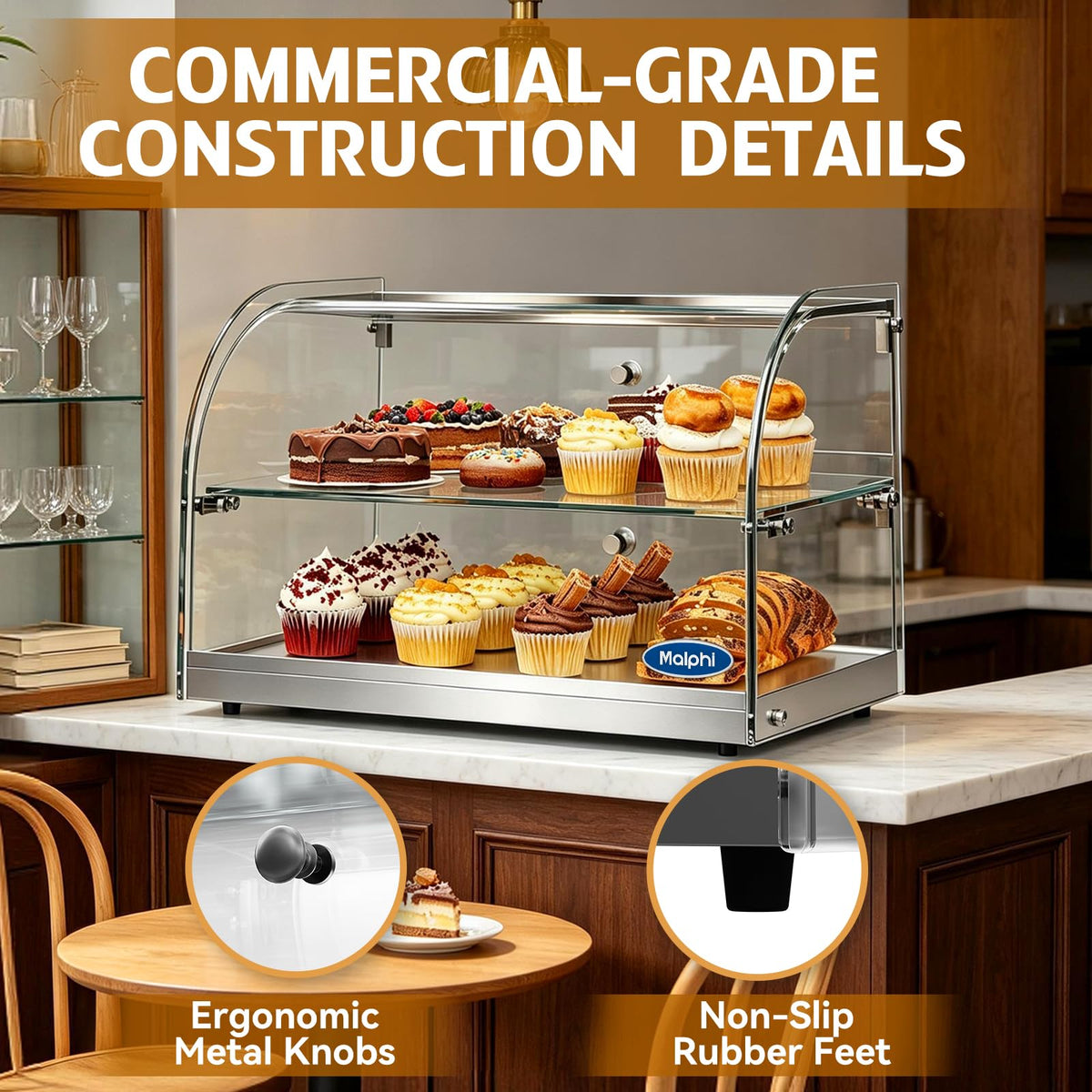 1.59 Cu.ft Malphi Large Pastry Display Case Countertop | Commercial Bakery Display Stand Cupcake Holder Tempered Glass | Large Bread Cookie Display Box | 22.1" x 15.2" x 14.6" | 27.5 lbs |