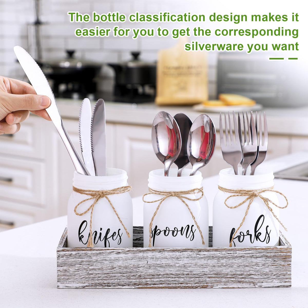 Tiangrid 4 Pcs Silverware Utensil Holder Mason Jar with Wooden Utensil Organizer for Kitchen Countertop Forks Spoons Knives Storage White Farmhouse Kitchen Caddy Glass Cooking Decor for Party