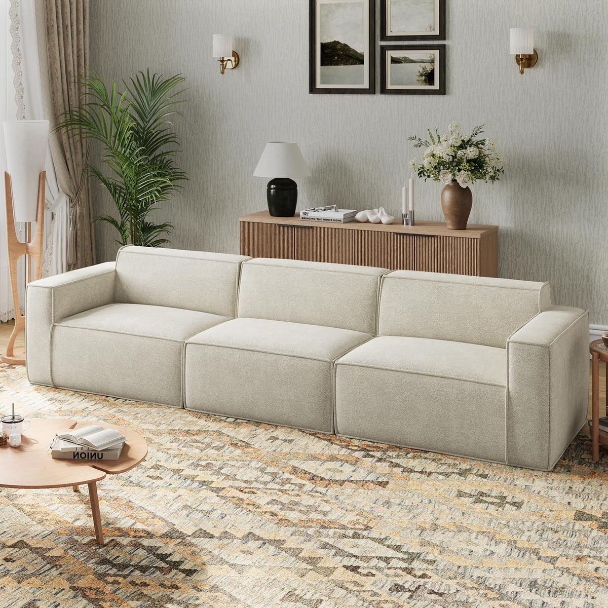 Novilla 117.7" Modular Sectional Sofa, No Assembly Cloud Sectional Couch with Smarts Coil® Support, Chenille Fabric Sectional Sofa, Deep Seat Boneless Couch for Living Room Apartment, Beige (3 seat)