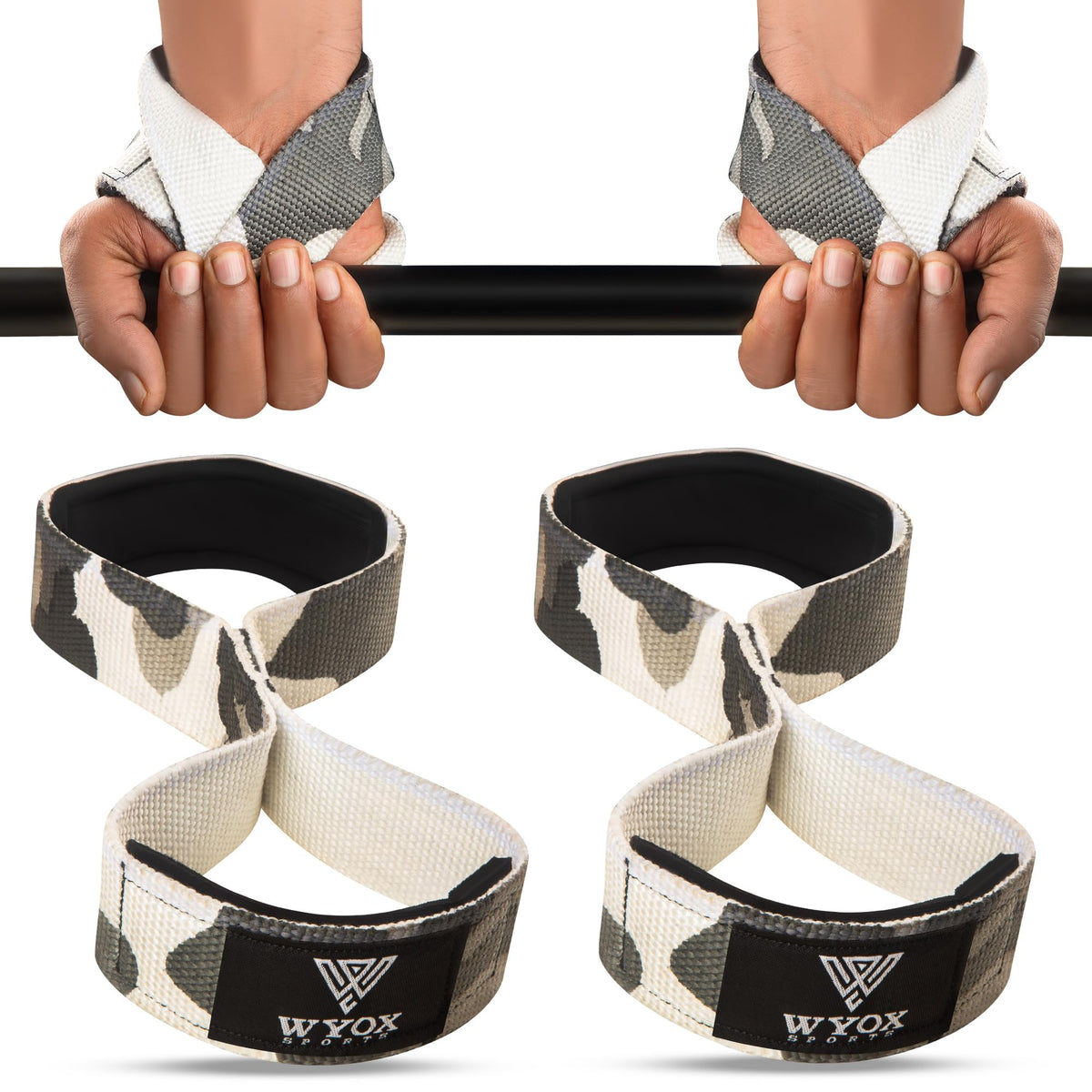 WYOX Figure 8 Weight Lifting Straps for Weightlifting Heavy Duty Deadlifting Workout Straps | Wrist Wraps Gym Equipment Gear Men Women PAIR (Camo, Standard)
