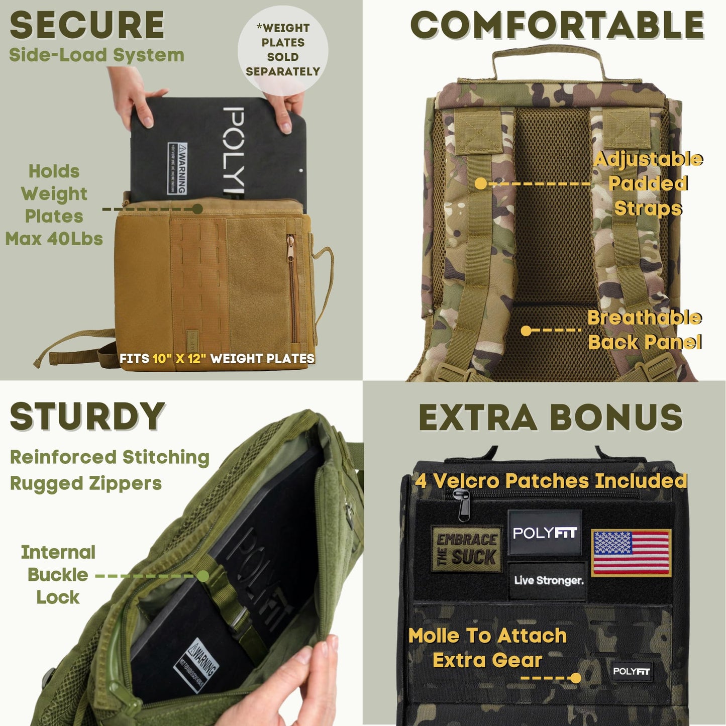 Polyfit Rucking Backpack 2.0 - Weighted Ruck Pack for Weight Plates - Patent Pending Side-Loading Rucksack for Walking, Running, Rucking, Strength and Endurance Training - Black Camo