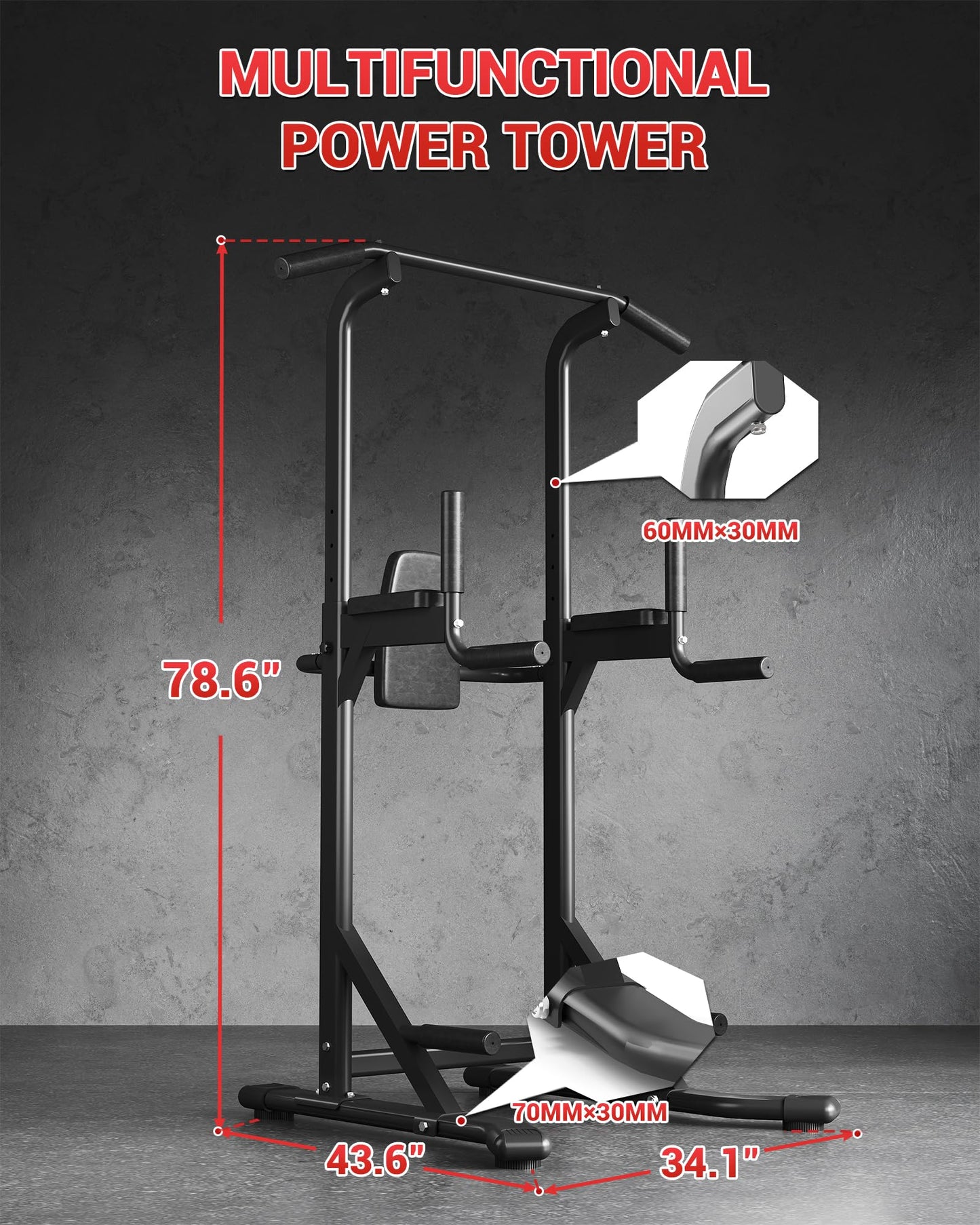 Power Tower, Heavy Duty Pull Up Bar 450LB Capacity, Multi-Functional Dip Station Adjustable Height, Strength Training Equipment Full Body for Home Gym, Pull-Ups, Dips & Leg Raises, Carbon Steel