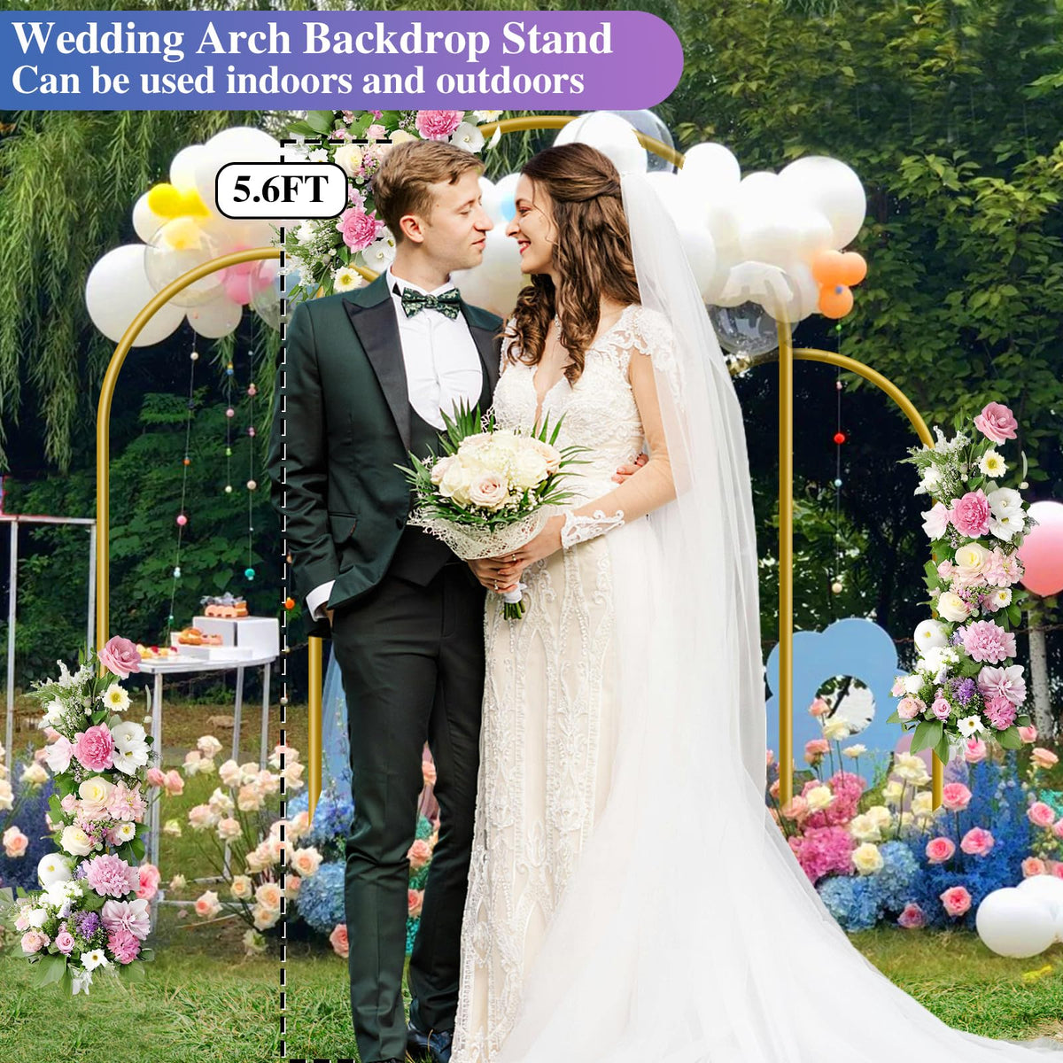 Hemmotop Metal Arch Backdrop Stand Set of 3, 6FT, 5FT, 4FT Party Arch Stands for Wedding, Birthday, Baby Shower, Bridal Shower - Balloon Arched Frame for Garden Decor, Gold Floral Arches, 3 Pieces