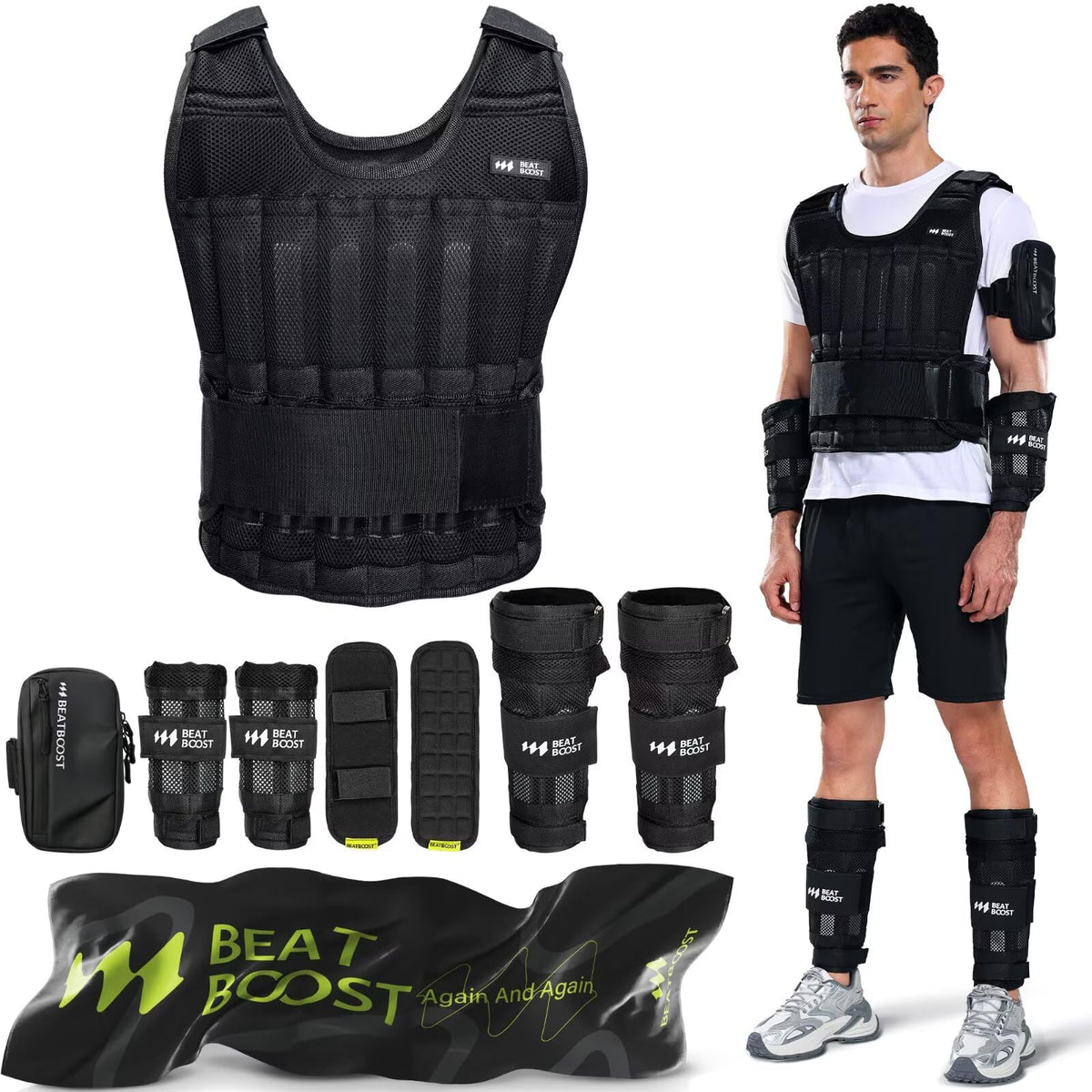 BeatBoost Weighted Vest Men 40 lb Adjustable Weight Vest with Wrist Ankle Weights Steel Plates Weights for Walking Strength Training Running Workout