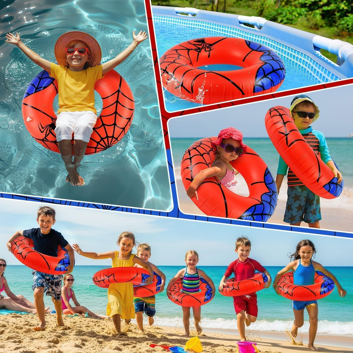2 Pcs Spider Party Pool Floats, 24 Inch Web Pattern Swim Rings for Kids Ages 5-9 Pool Tube, Inflatable Pool Toys for Hawaiian, Beach, Water Park Fun