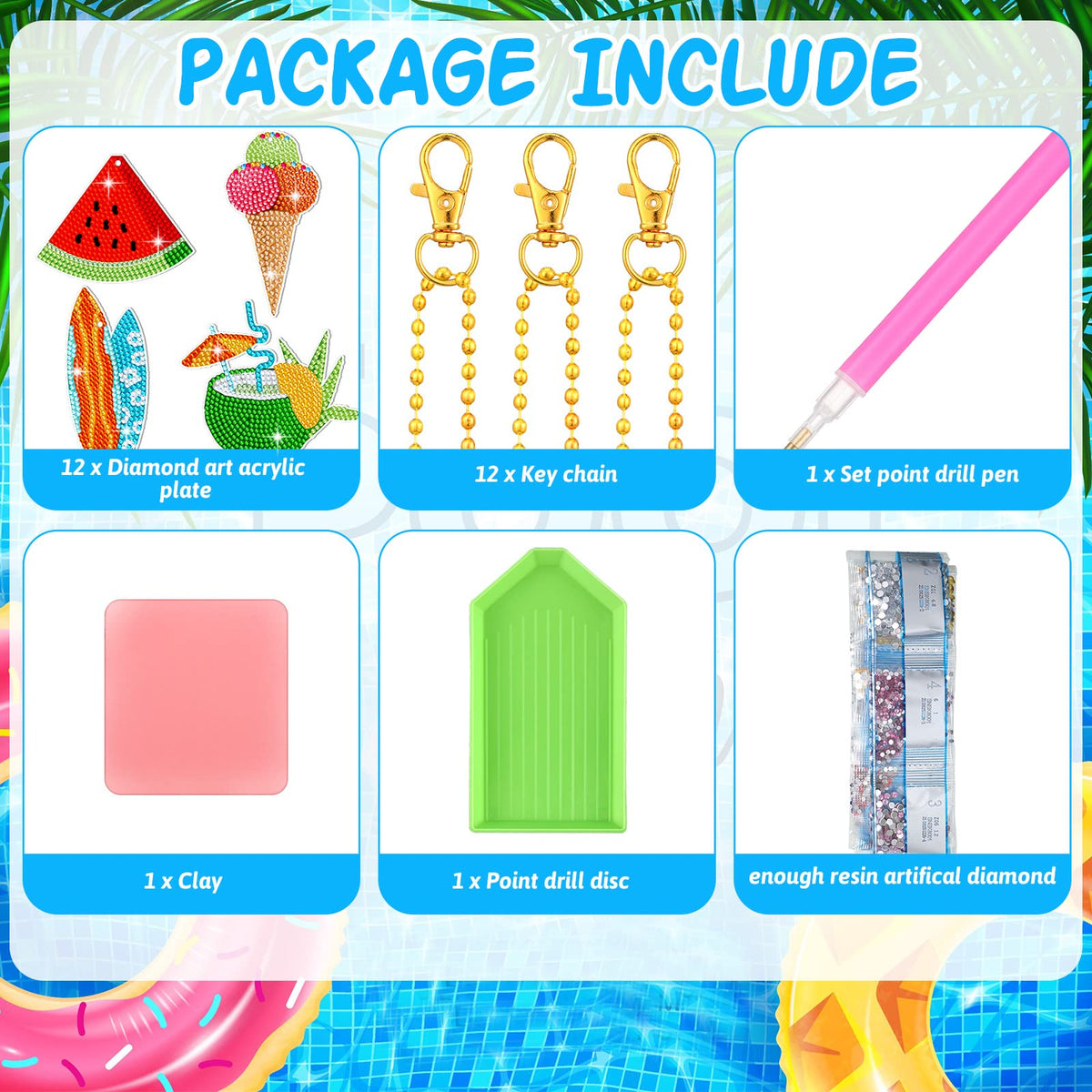 Thinkday 12 Pack Summer Diamond Painting Keychain Kits 5D Diamond Art Keychains DIY Painting Kit Summer Hanging for Kids DIY Crafts
