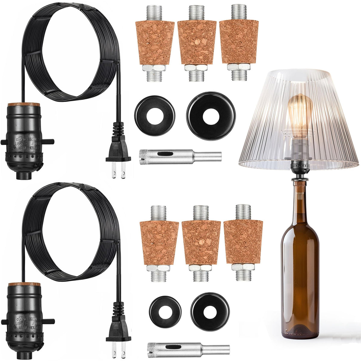 ACBungji 2 Sets Bottle Lamp Kit for Liquor Bottle, DIY Wine Bottle Lamp Kit To Do It Yourself, Lamp Parts Kit Including 8 FT Lamp Cord with Lamp Socket, 3 Size Tapper Cork, 9mm Glass Drill Bit and Lid
