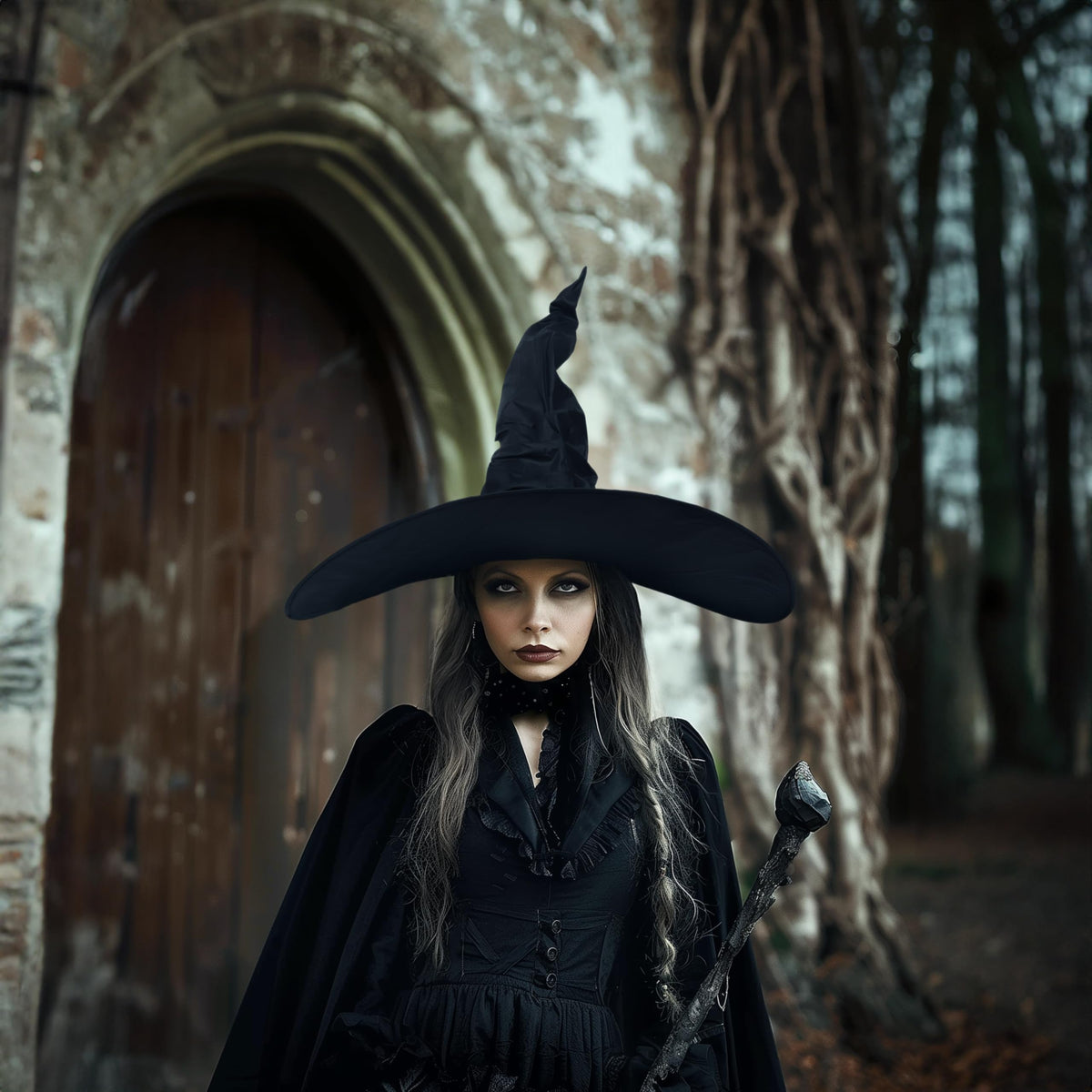 JEGERMIG Women's Black Masquerade Ruched Witch Hat Oversized Witches Hats Wide Brim Party Accessory