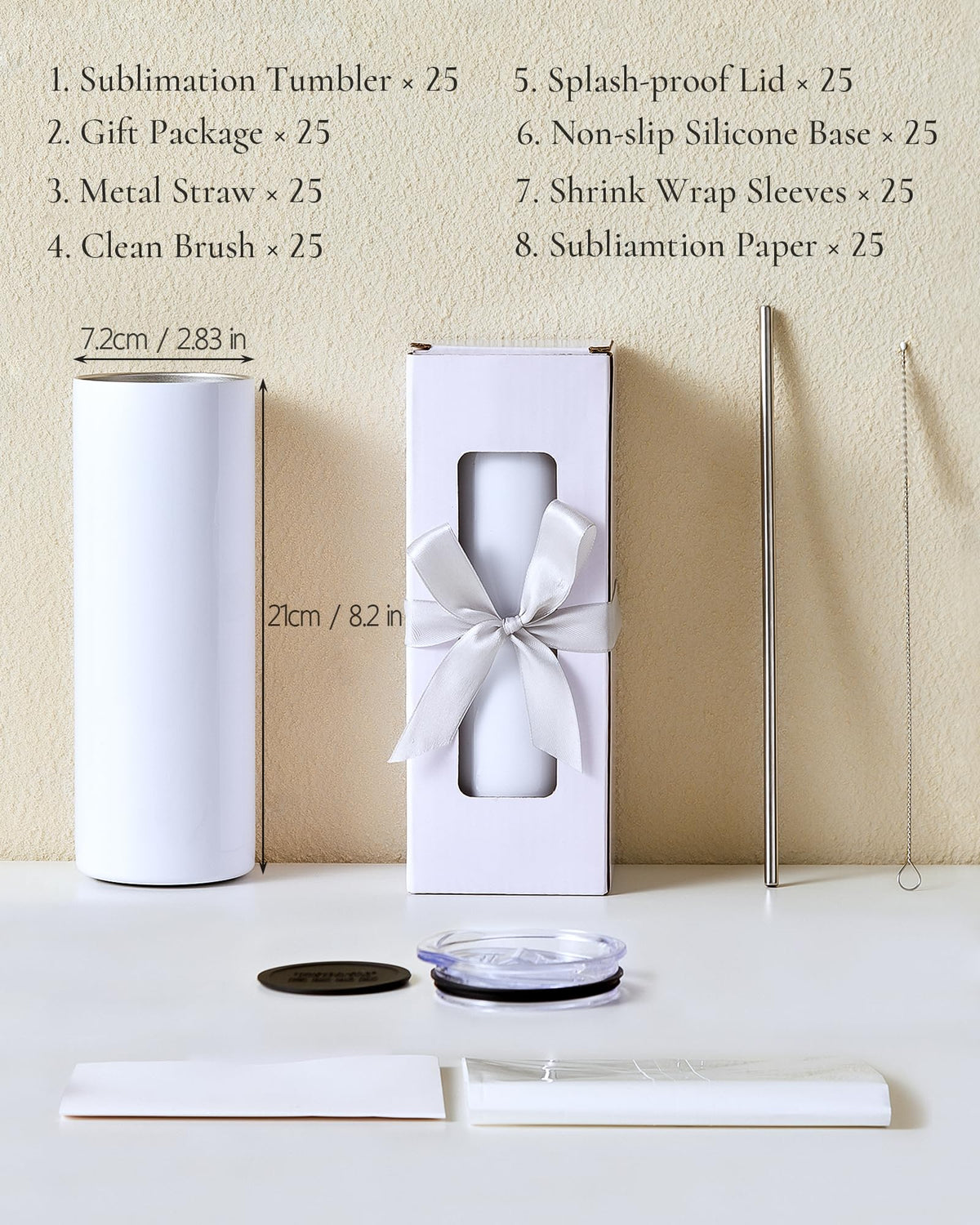UIRZOTN 25 Pack 20oz Sublimation Tumbler Blanks Skinny Straight in Bulk, Stainless Steel Insulated Sublimation Tumbler with Polymer Coating for Heat Transfer, with Lid, Straw, Ribbon, Gift Box