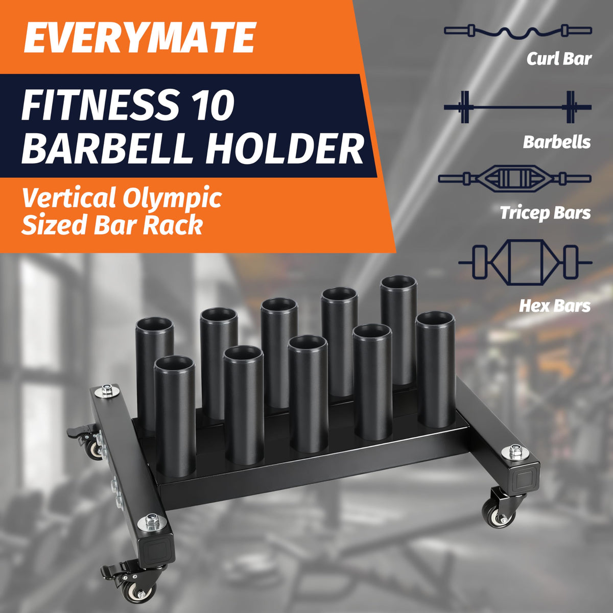 EVERYMATE Vertical Barbell Rack, Movable Barbell Stand holder- Heavy-Duty Steel Organizer Holds Up to 10 Olympic Barbells, Fits 2" Olympic Bars, with Scratch-Resistant Inserts, Space-Saving for Home/Garage/Commercial Gym（with silent wheels）