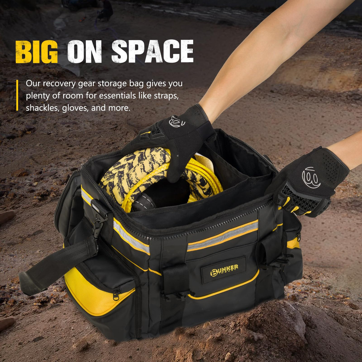 BUNKER INDUST Heavy Duty Recovery Gear Bag with Shoulder Strap, Large Recovery Equipment Bag with Reflective Strips for Offroad Accessories, Universal Multi-Pockets Storage Bag Tool Organizer