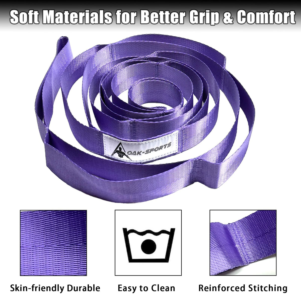 Oak-Sports Stretching Strap Yoga Strap for Physical Therapy with 10 Loops, Yoga Straps for Stretching, Upgraded Non-Elastic Stretch Band for Pilates, Dance and Gymnastics with Workout Guide (Purple)