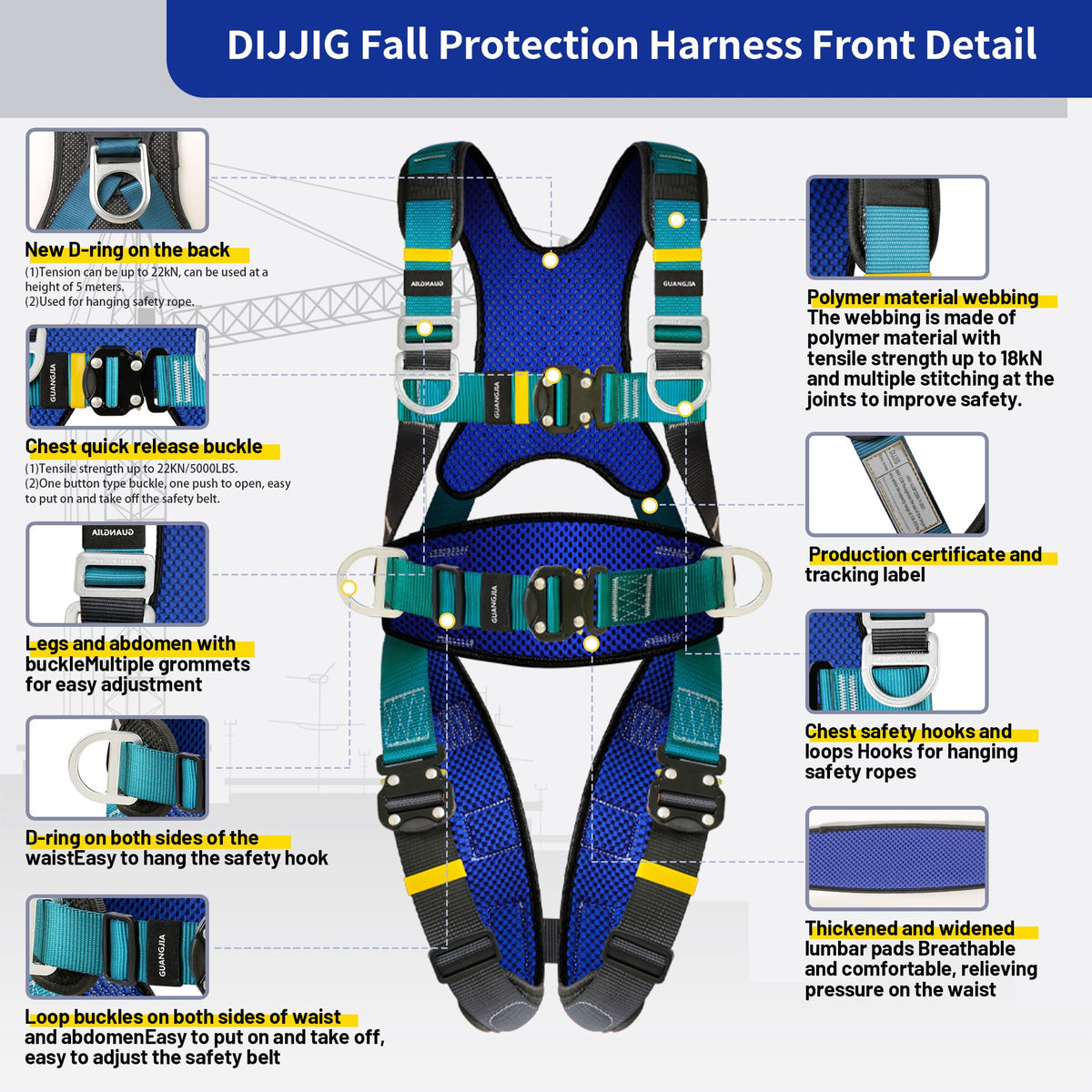 DIJJIG Full Body Protection Safety Harness 5pt Adjustment Safe Comfortable Construction Positioning Extra LongThick Leg Back Padded Push Button Quick Lock Buckle OSHA/ANSI compliant