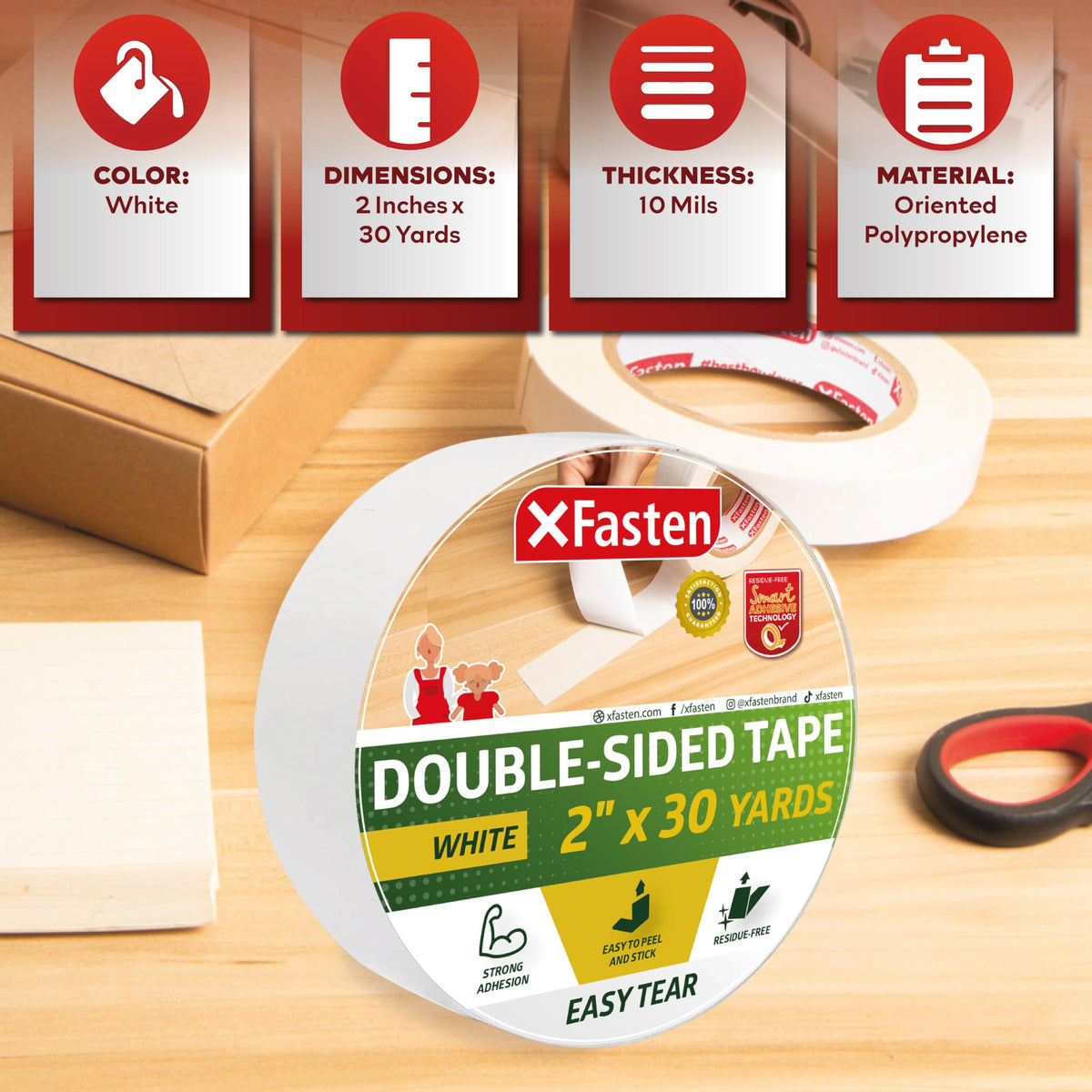 XFasten Tear-by-Hand Double Sided Tape, 2-inch by 30-Yard, Easy Tear for DIY Crafts, Woodworking and Carpet Installation