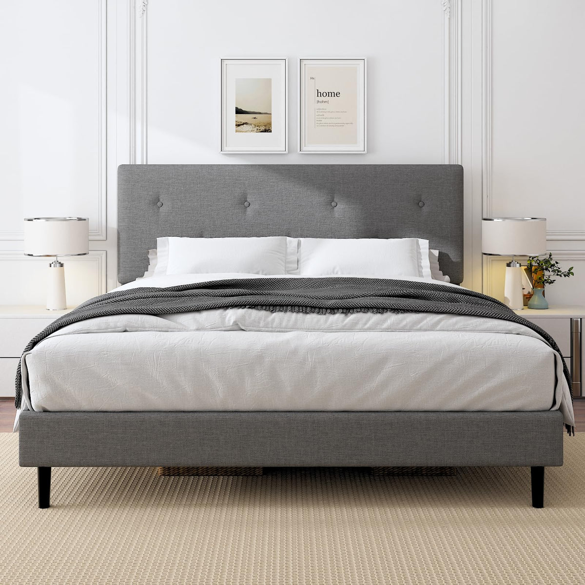 Mxhtcewz King Size Linen Bed Frame, Upholstered Platform Bed Frame with Adjustable Headboard, Wooden Slats Support, No Box Spring Needed, Easy Assembly, Grey