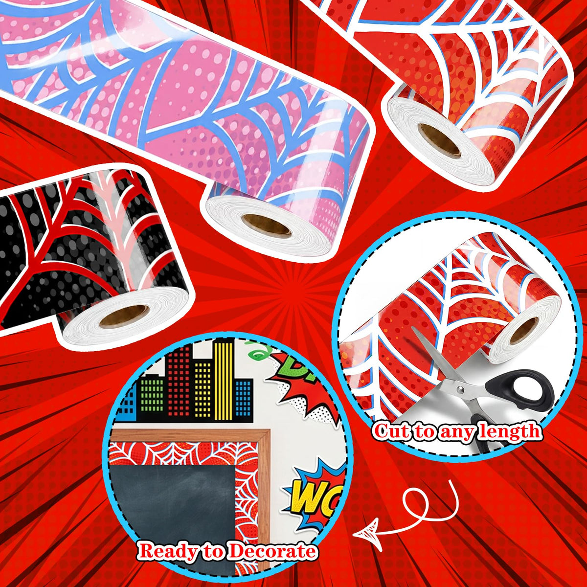 98ft Spider Web Bulletin Board Borders Classroom Bulletin Board Trim Self Adhesive Borders Decorations for Party School Blackboard Chalkboard Desk Wall Decor (Black, Red, Pink)