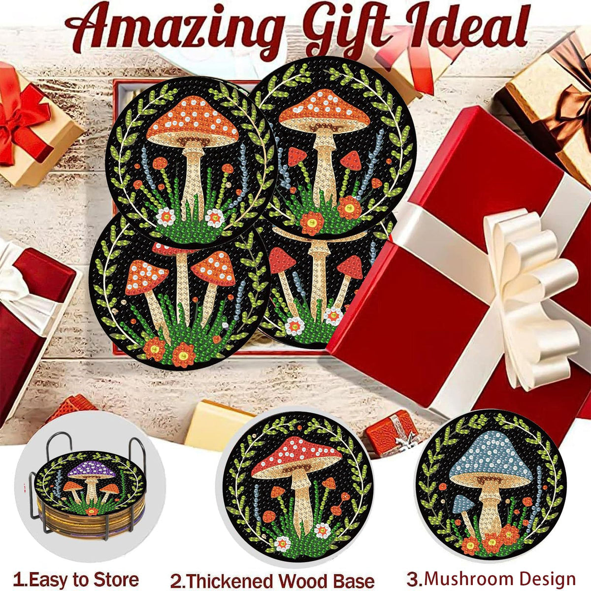 Diamond Art Coasters Kits Mushrooms, Mushroom Diamond Painting Coasters with Holder Set of 8, DIY Coaster Gem Art Crafts Supplies for Adults Beginner Cup Mat with Nice Gift Box for Home Decor 3.9 inch