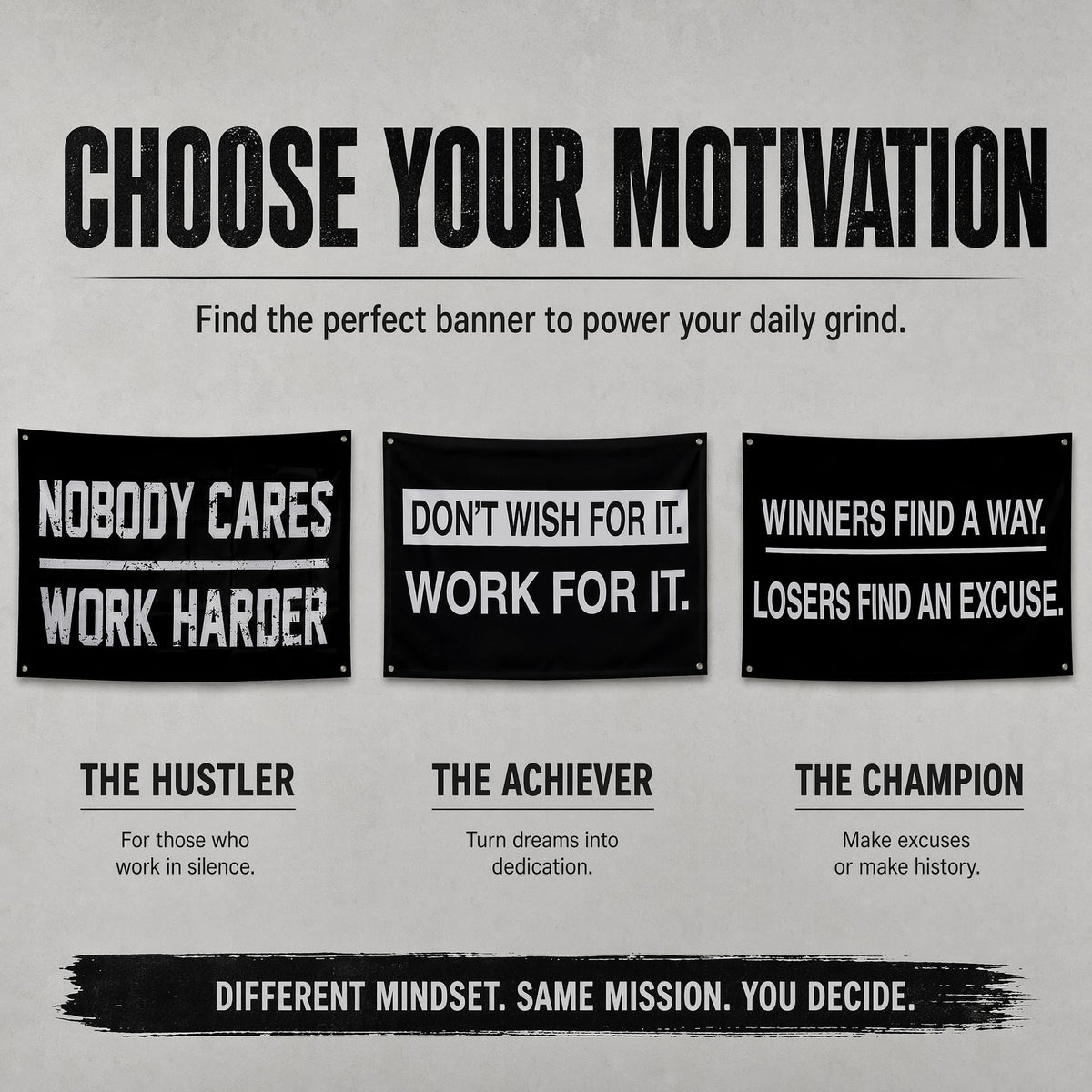 Nobody Cares Work Harder Motivational Banners Kit Three Different Incentive Flags for Gym Office Garage Decor Indoor/Outdoor Poster Style Banner with 4 Grommets - Heavy-Duty 13oz Vinyl(3 x 5 FT)