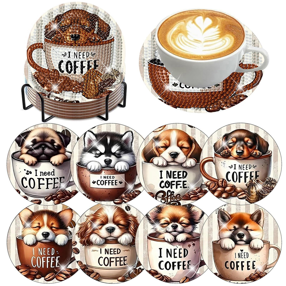 Ekuxom 8 Pcs Coffee Dog Diamond Art Coasters Kits with Holder-Diamond Painting Coasters Kits-DIY Crafts Art Coaster Kit for Home Decor
