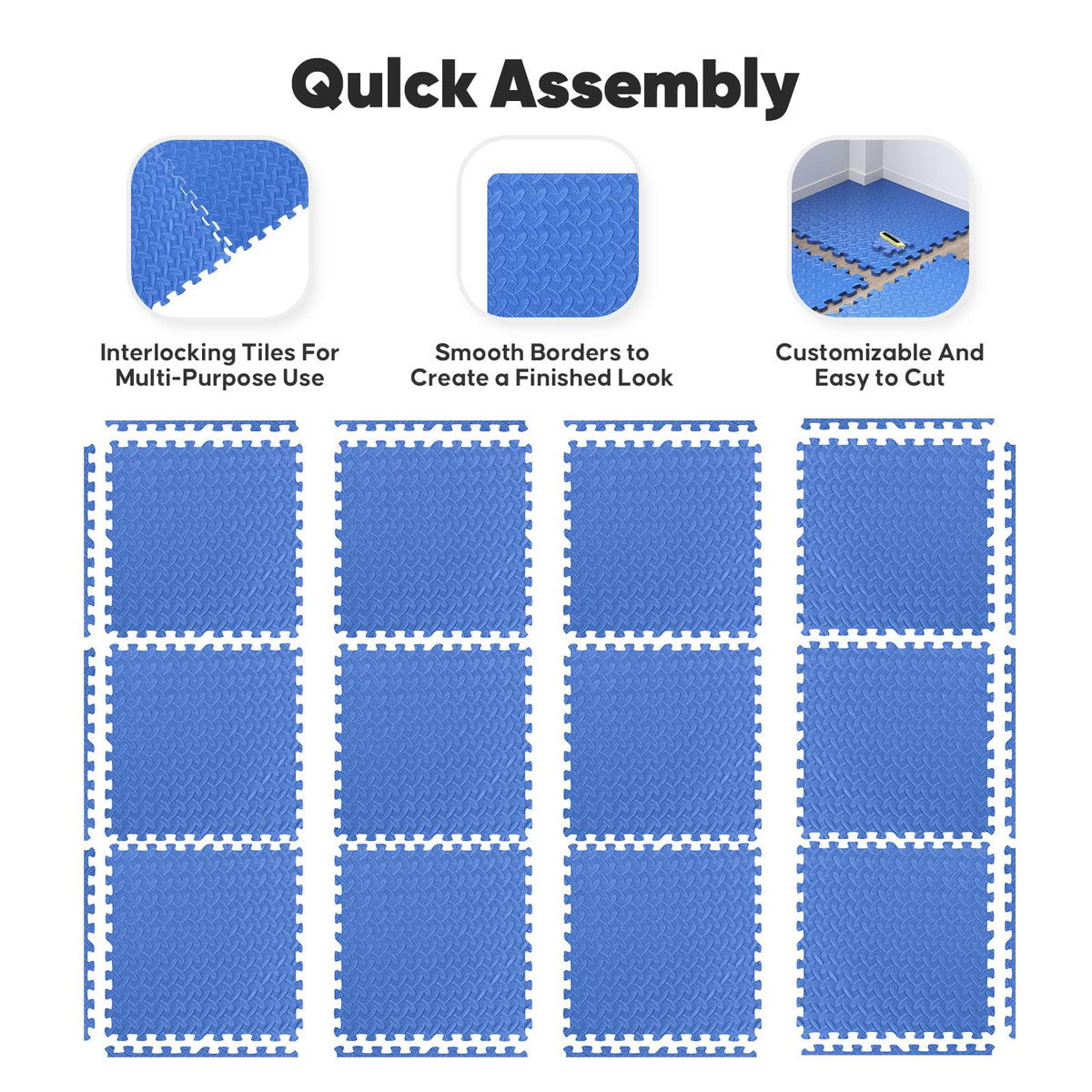 Home Gym Mat, Puzzle Exercise Mat, of EVA Interlocking Foam Floor Tiles for Home Workout Equipment and Kids' Play Areas - Blue, 24 in x 24 in x ½ in - 16 Tiles (Blue, 16 Pack 64 sq ft)