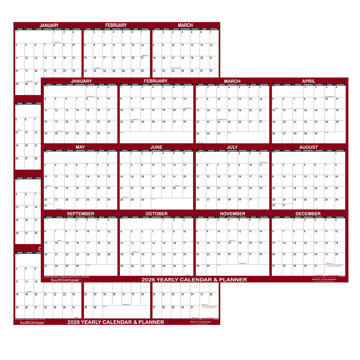 24" x 36" SwiftGlimpse 2026 Wall Calendar Erasable Large Wet & Dry Erase Laminated 12 Month Annual Yearly Wall Planner, Reversible, Horizontal/Vertical, Maroon